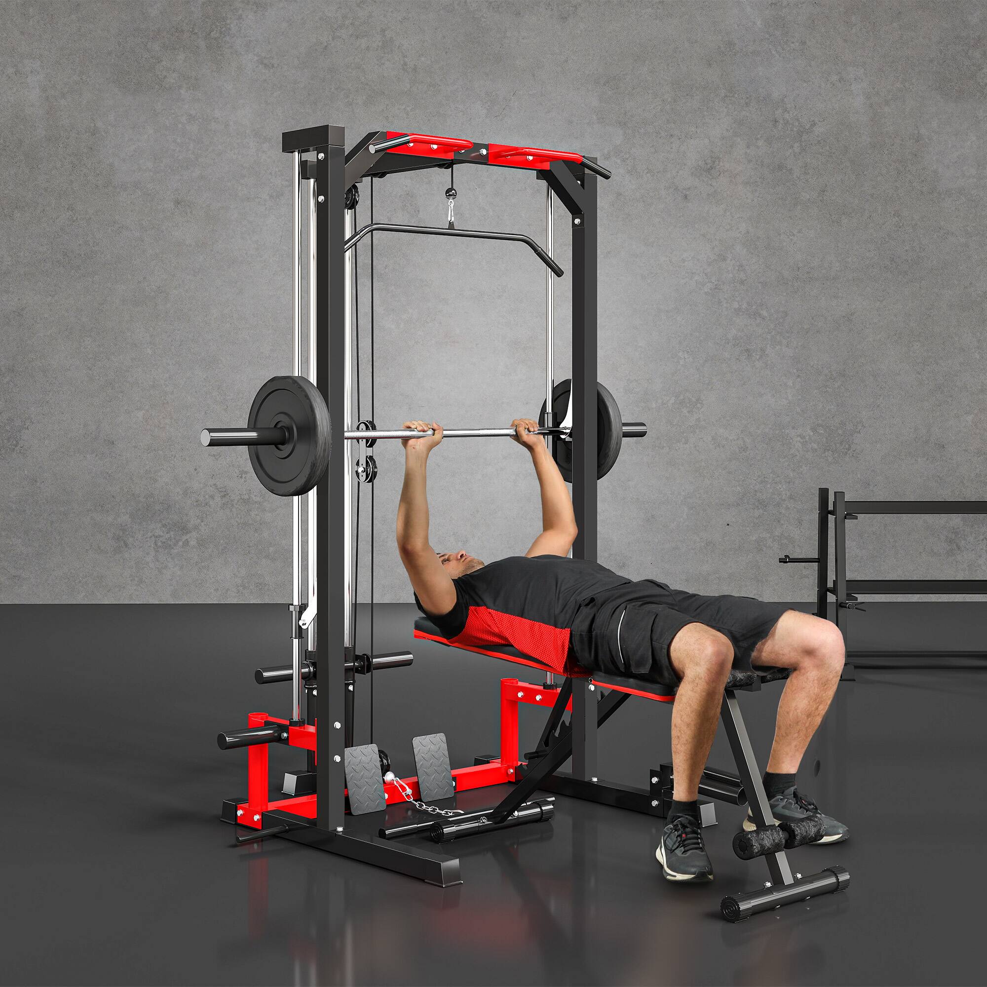 Alt View 8. Soozier - Power Cage Smith Machine, Multi-Function Power Rack with Pull Up Bar, Lat Pull Down System, Squat Rack - Black and Red.