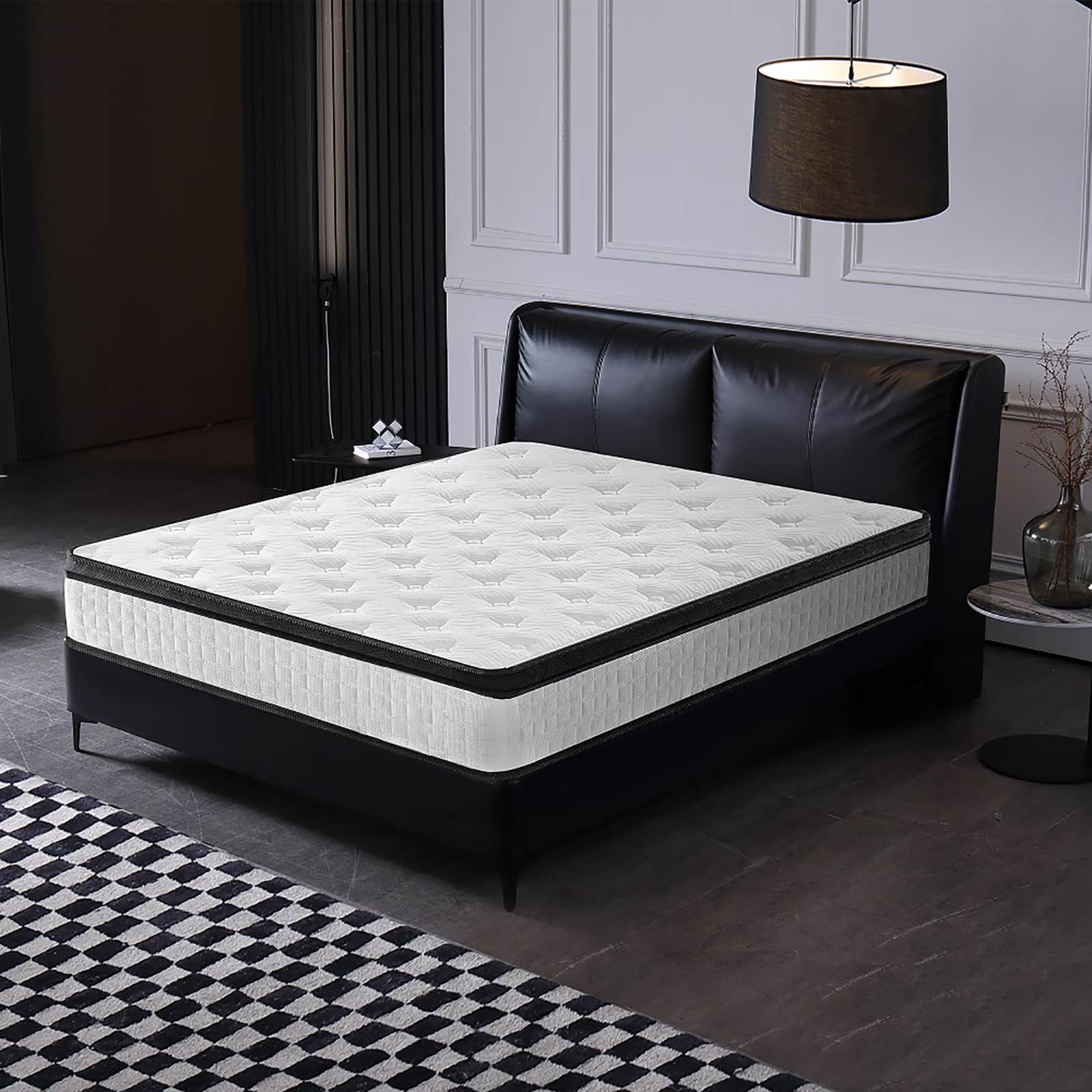 Chateau Abodes - 12'' Queen Size Hybrid Mattress, Diamond Innerspring & Cooling Gel Memory Foam for Pressure Relief & Motion Isolation - White+Black
