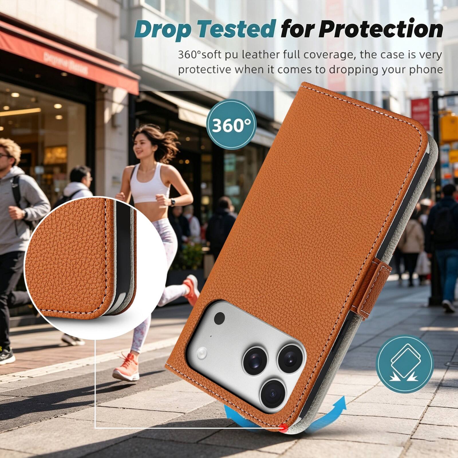 Drop Tested for Protection  
360° soft pu leather full coverage, the case is very protective when it comes to dropping your phone