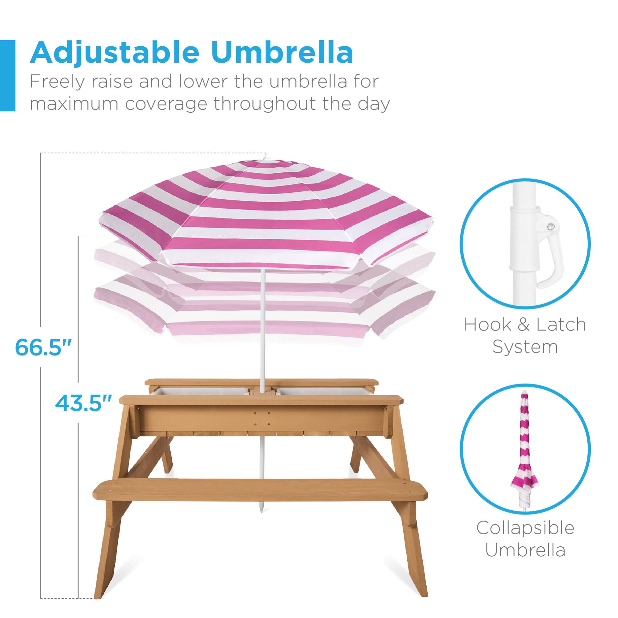 Adjustable Umbrella  
Freely raise and lower the umbrella for maximum coverage throughout the day  

66.5"  
43.5"  

Hook & Latch System  

Collapsible Umbrella