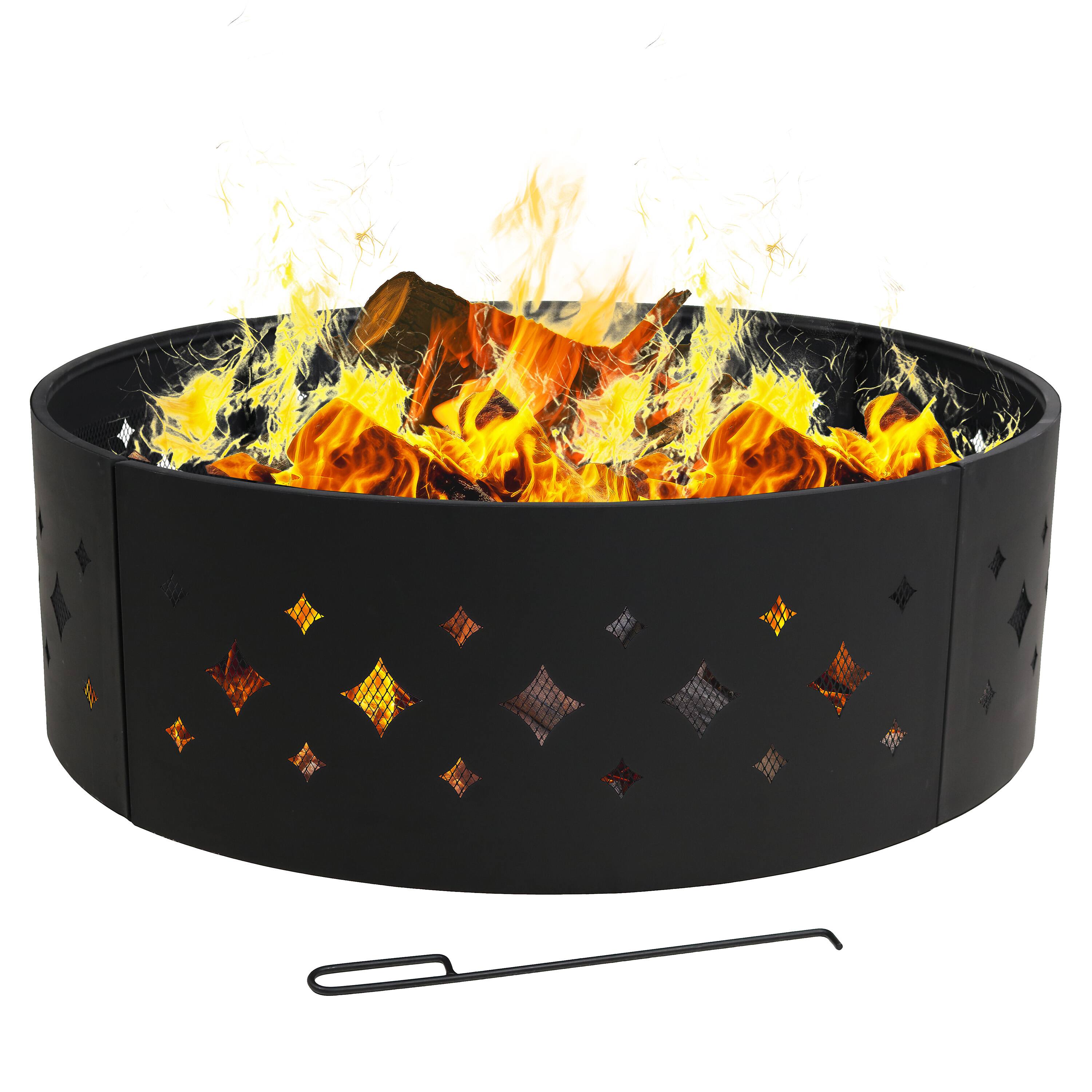 Sunnydaze - 36 in Diamond Cut-Out Steel Wood Burning Fire Pit Ring with Poker - Black