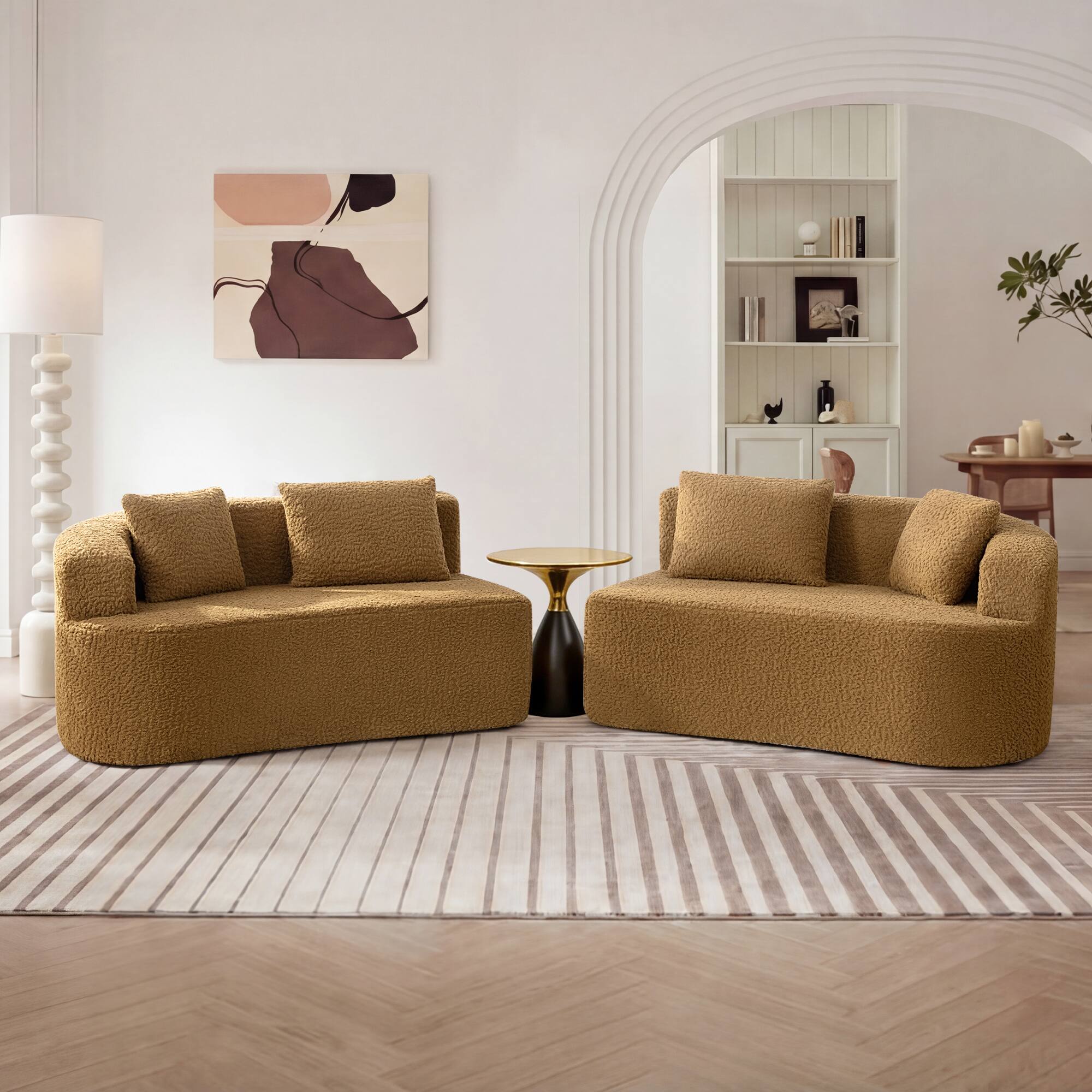 Alt View 4. KERDOM - 112" Corduroy Curved Sectionals Sofa with 4 Pillows, Teddy Plush Floor Couch for Living Room and Apartment, No Install - Brown.