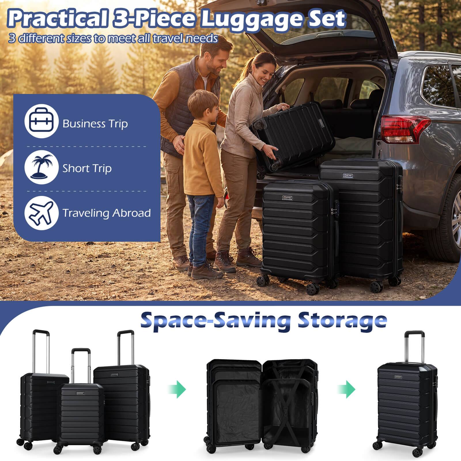 Practical 3-Piece Luggage Set  
3 different sizes to meet all travel needs  

- Business Trip  
- Short Trip  
- Traveling Abroad  

Space-Saving Storage
