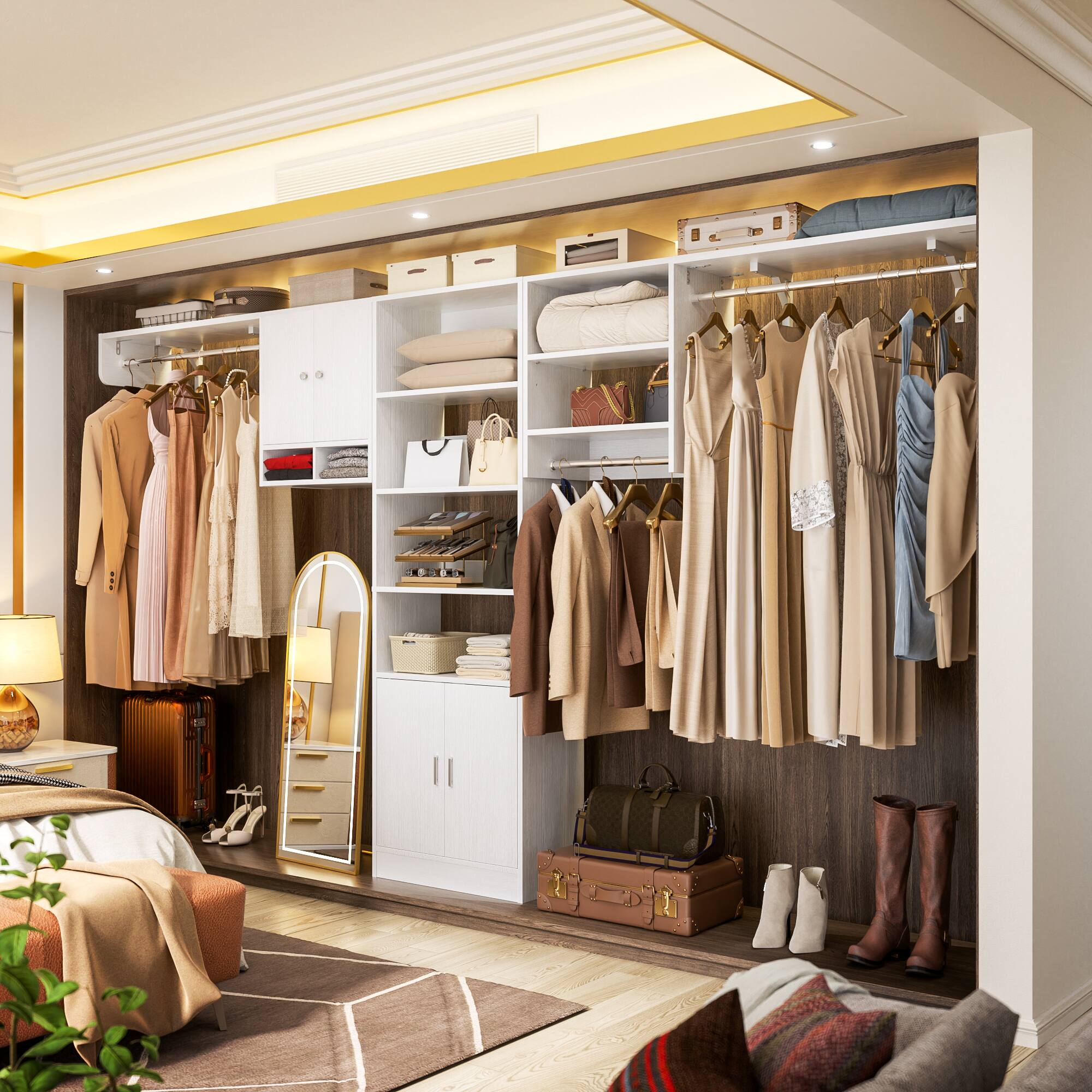 Back. Aheaplus - Wood Over Washer/Dryer Storage Shelves & Organizer - 118" Wall Mounted, 3 Hanger Rods, Heavy Duty Laundry Space Saver - White.