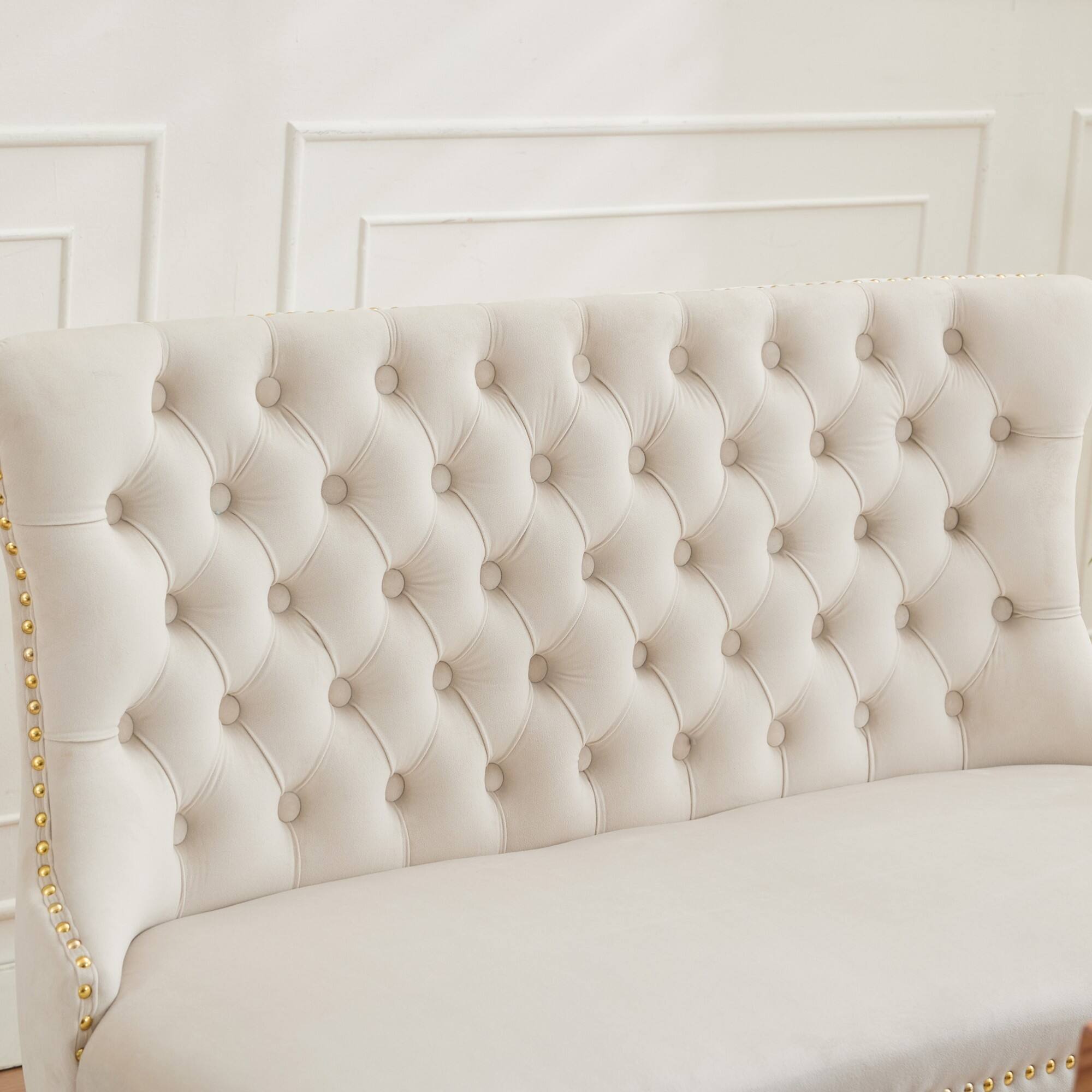 Alt View 6. GOODSILO - Velvet Tufted Double Seater Dining Bench with Gold Accent Legs for Kitchen and Dining Room Seating - Beige.