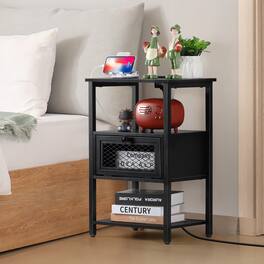 Oumilen - Set of 2 Nightstands with Charging Station, Industrial End Tables with Mesh Drawer - Black