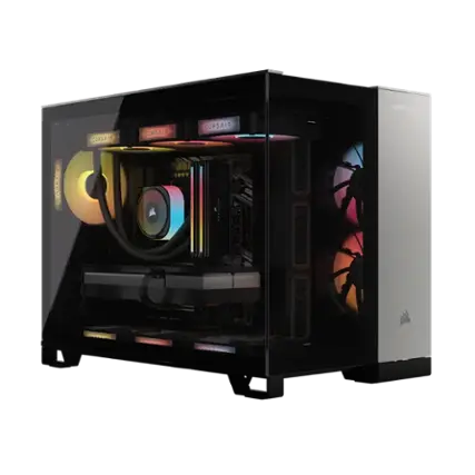 Corsair is a brand of computer hardware and peripherals, including computer cases, power supplies, and cooling solutions. The image features a Corsair computer case with a transparent side panel, allowing a clear view of the internal components. The case is filled with various computer parts, including fans and a hard drive. The case is designed to provide efficient cooling and protection for the computer's components, ensuring optimal performance and longevity.