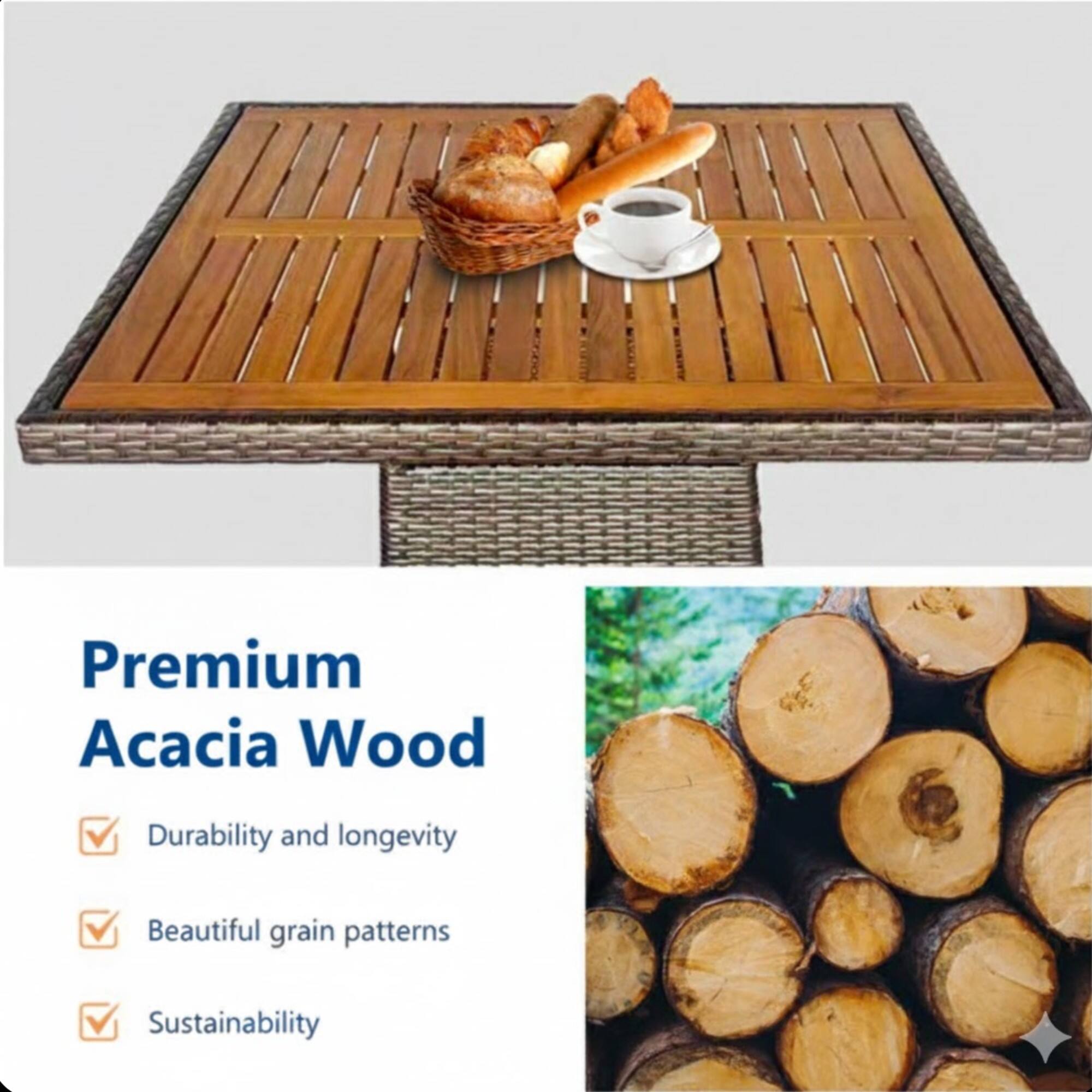 Premium Acacia Wood

- Durability and longevity
- Beautiful grain patterns
- Sustainability