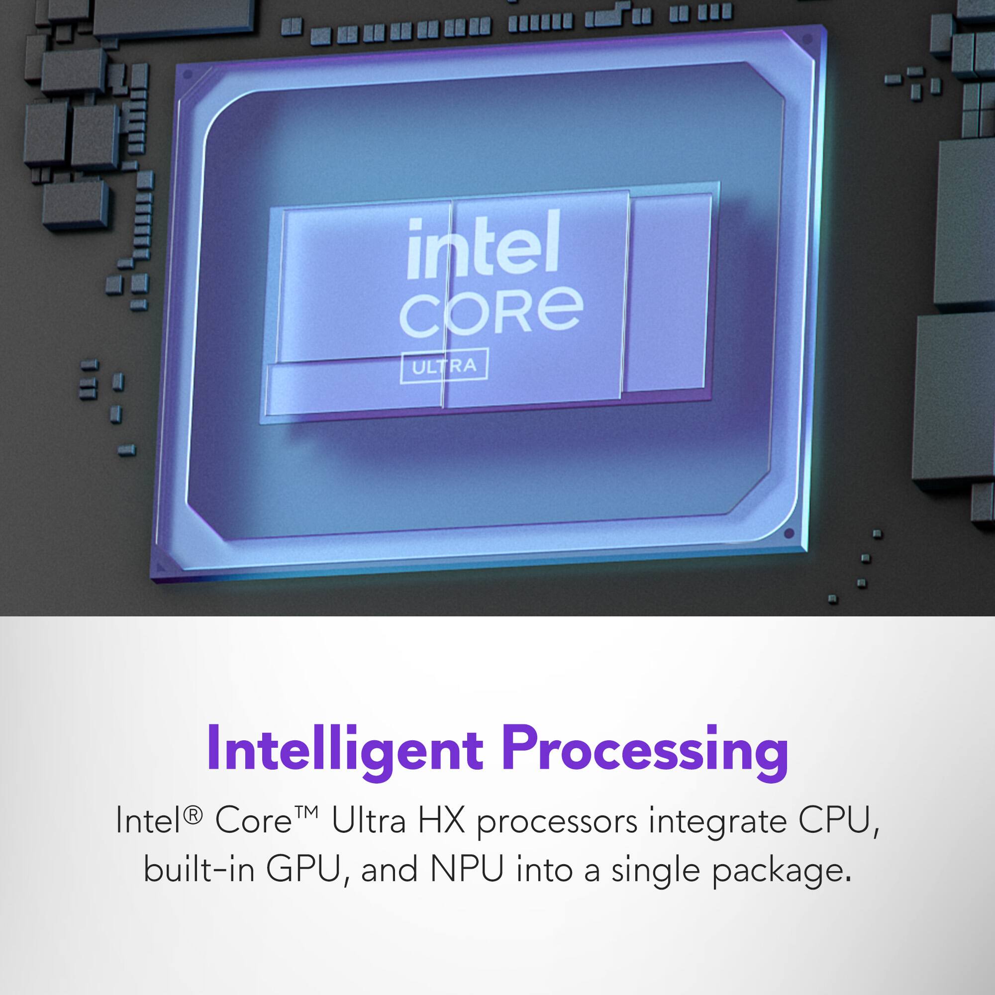 Intel Core Ultra processors integrate CPU, built-in GPU, and NPU into a single package, providing intelligent processing capabilities.