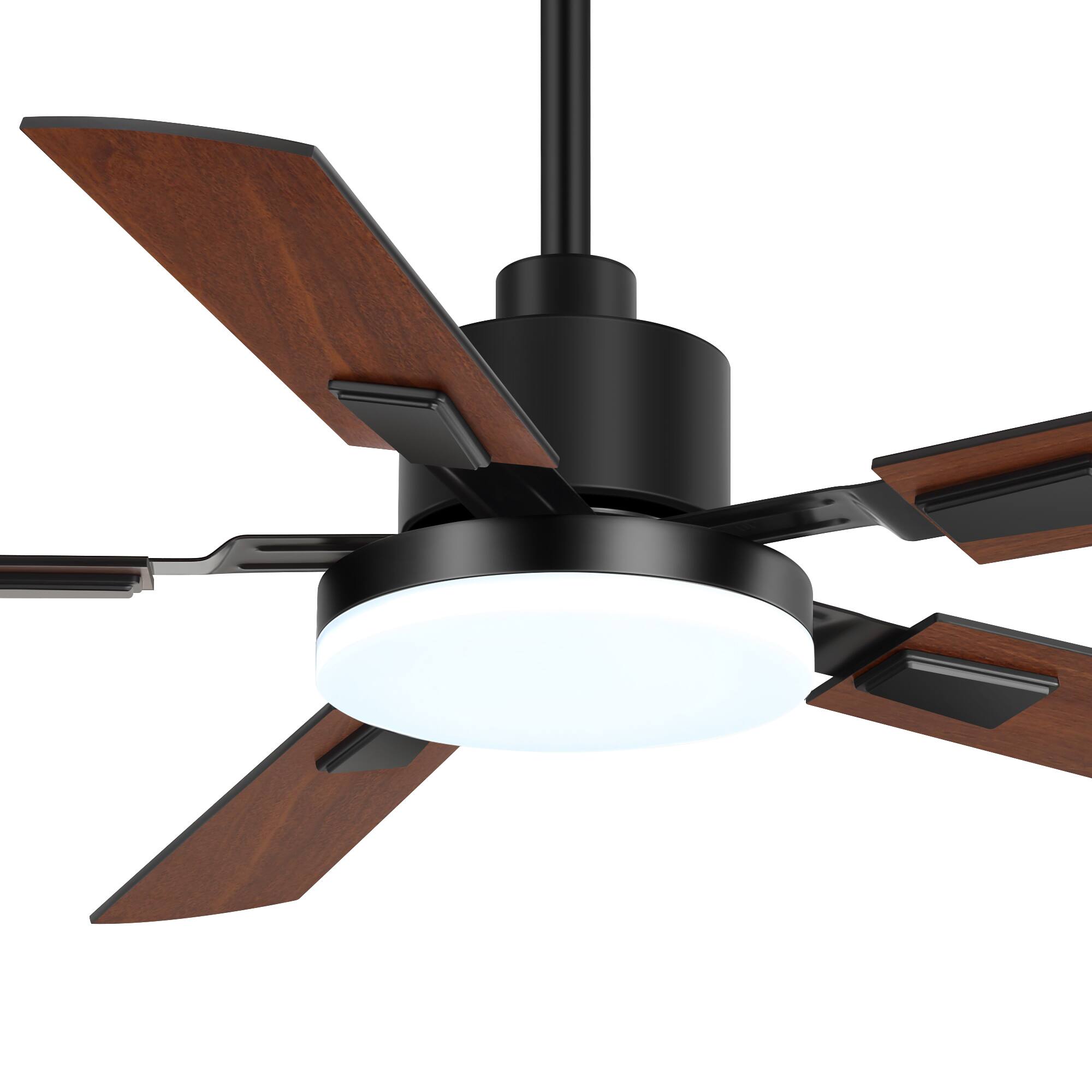 Alt View 4. Breezary - 52-in Indoor Ceiling Fan with Light, DC Motor, 6-Speed Remote, 3-Color LED, Reversible Blades, 5"/10" Downrods - Black and Wood Finish.