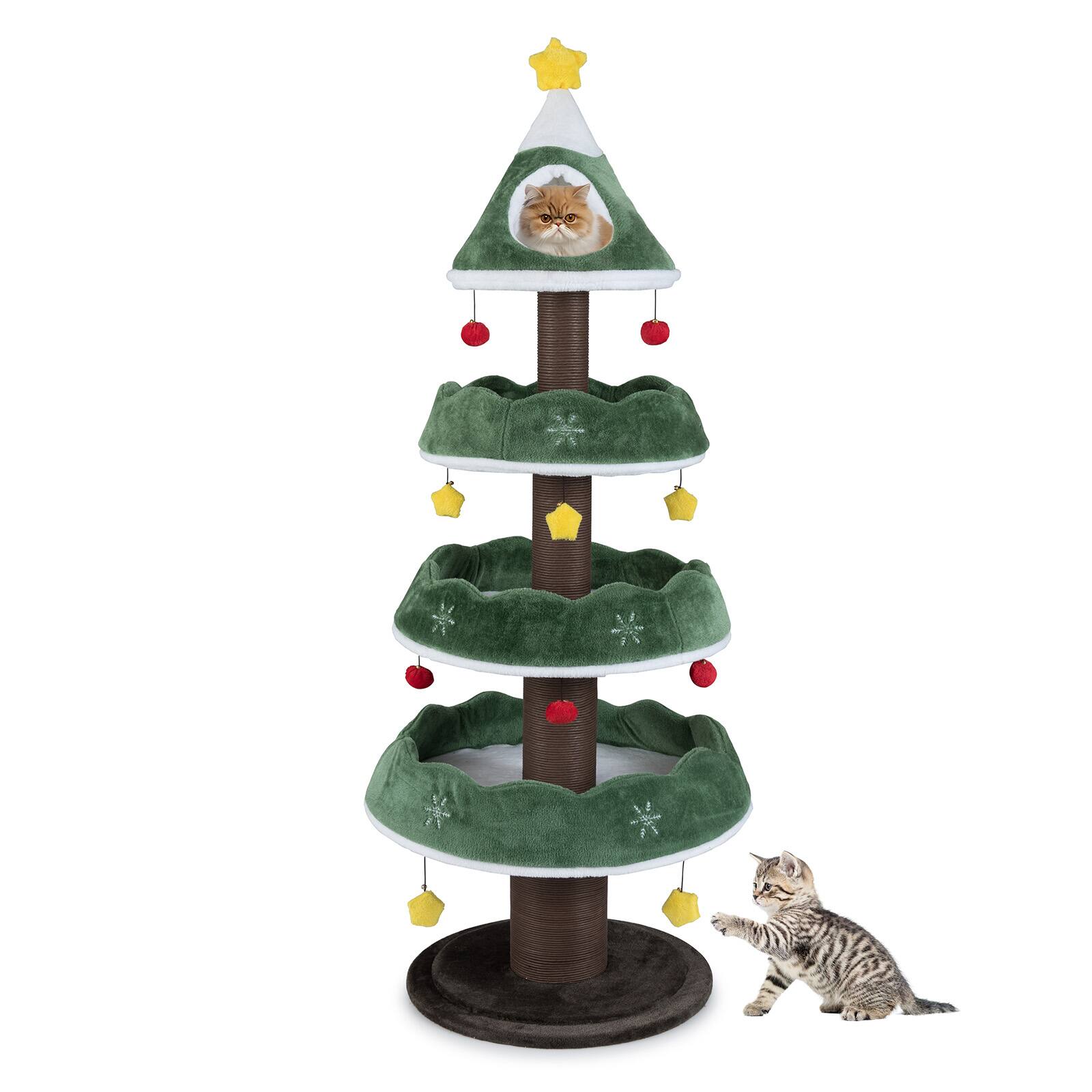 Alt View 1. Costway - Costway 70.5 inch Tall Christmas Cat Tree with 3 Plush Platforms, Enclosed Top Perch - Green+Yellow+White+Brown+Red.