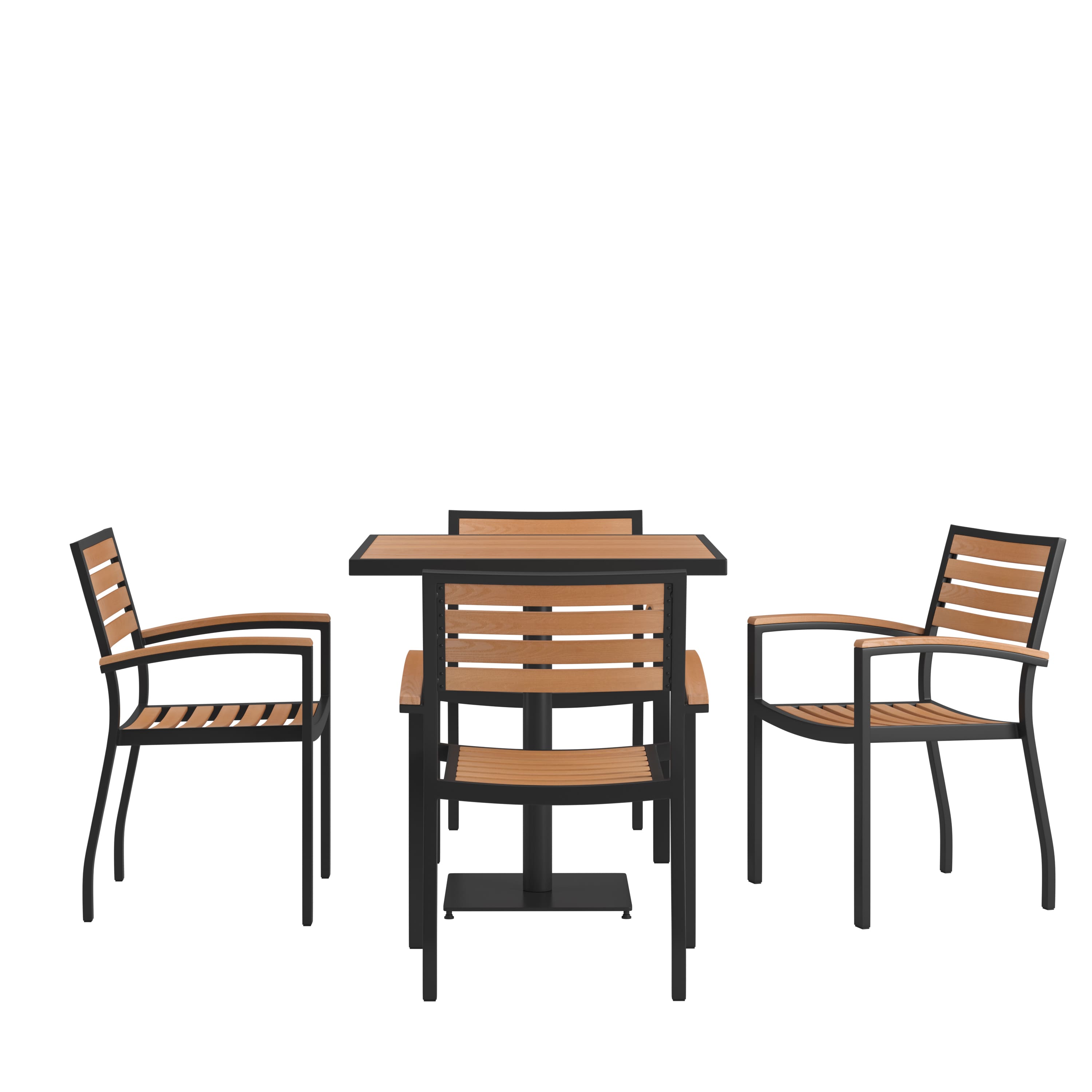 Emma + Oliver - 5 Piece Outdoor Patio Dining Table Set with Faux Table and Stackable Chairs with Accented Arms - Teak
