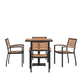Emma + Oliver - 5 Piece Outdoor Patio Dining Table Set with Faux Table and Stackable Chairs with Accented Arms - Teak