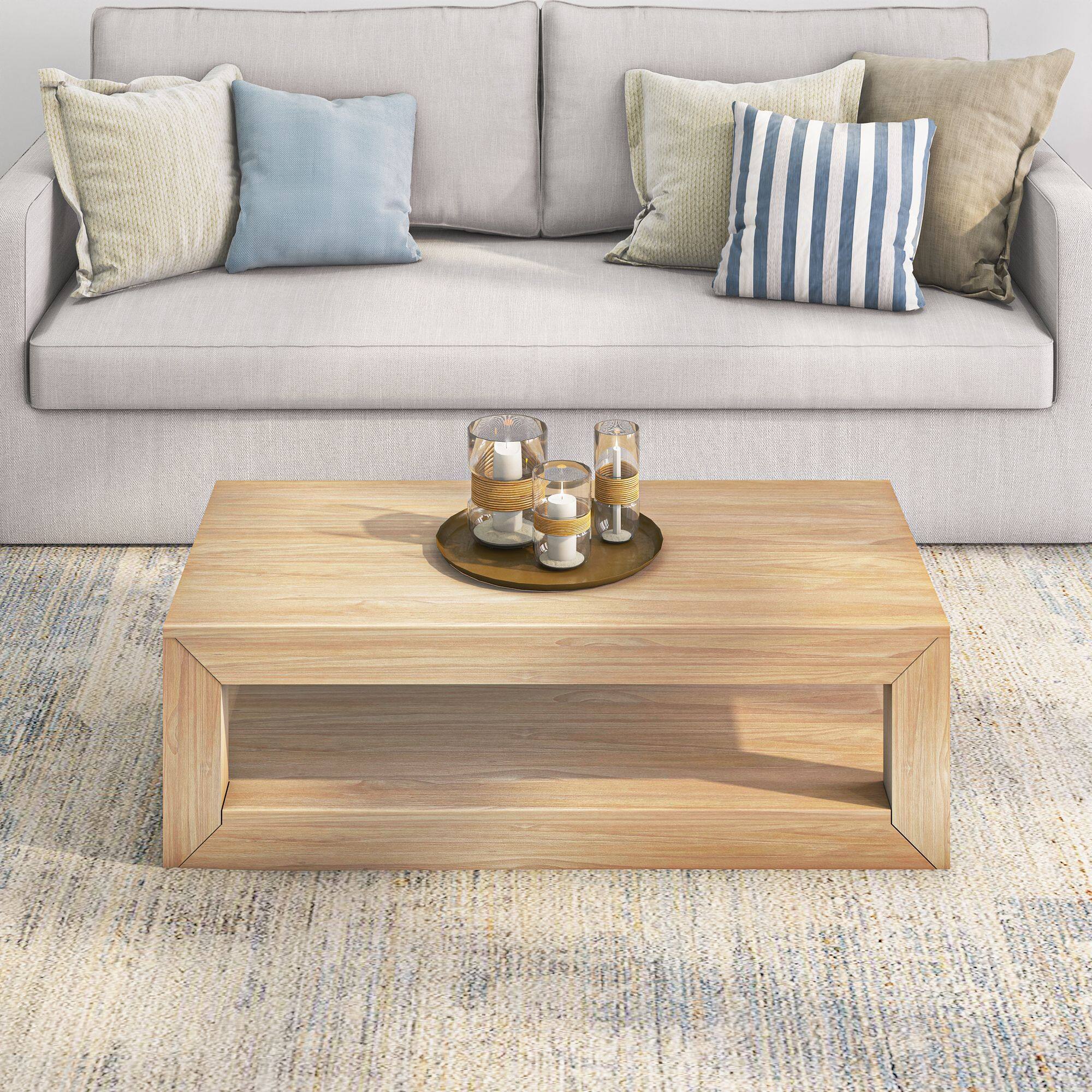Alt View 4. Plank+Beam - Modern Rectangular Coffee Table with Bottom Shelf (48in x 24in / 1220mm x 610mm), Blonde Wirebrush - Blonde Wirebrush.