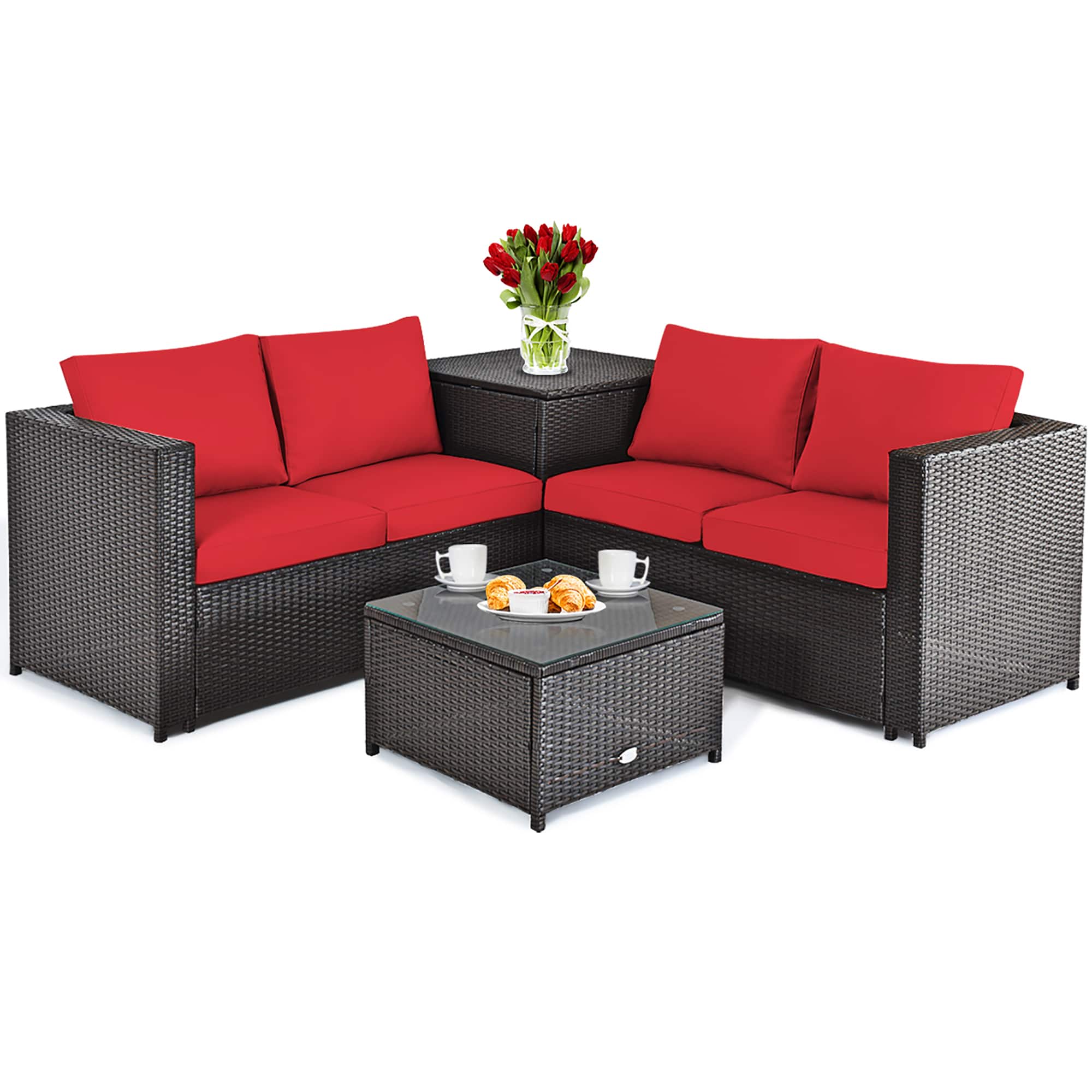 Costway - 4PCS Outdoor Patio Rattan Furniture Set Cushioned Loveseat Storage Table - Red price history on PriceWatchPro