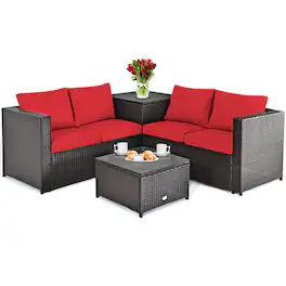 Costway - 4PCS Outdoor Patio Rattan Furniture Set Cushioned Loveseat Storage Table - Red