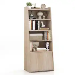 Gymax - 6-tier Bookcase w/ 2 Adjustable Shelves Filp-up Door 5 Open Shelves Bedroom - Natural