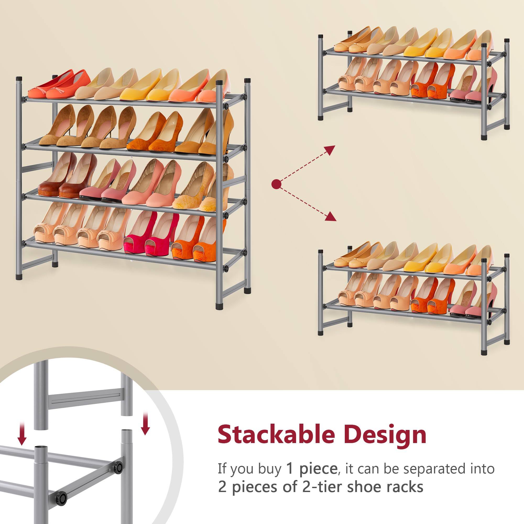 Stackable Design  
If you buy 1 piece, it can be separated into 2 pieces of 2-tier shoe racks
