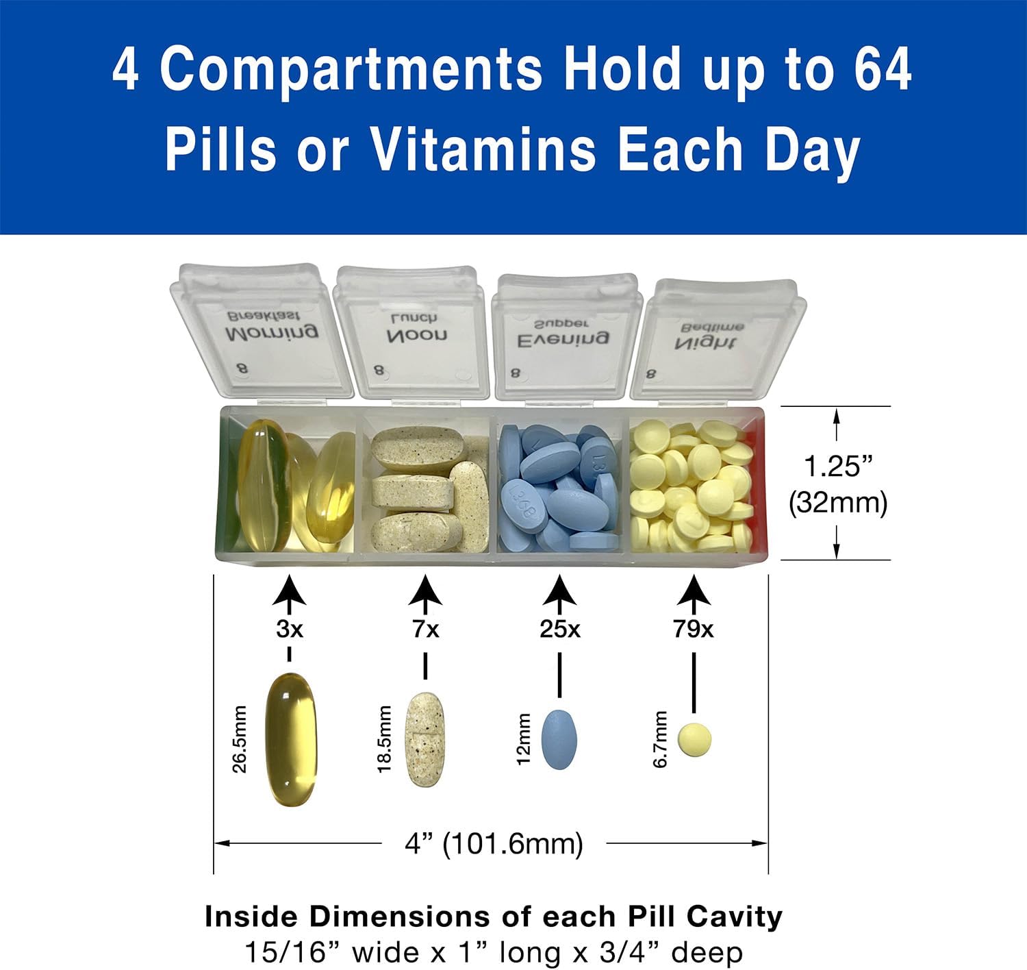 4 Compartments Hold up to 64 Pills or Vitamins Each Day

Breakfast Morning 8
Lunch Noon 8
Supper Evening 8
Bedtime Night 8

368

1.25" (32mm)
26.5mm
3x
18.5mm
7x
25x
79x
6.7mm
4" (101.6mm)

Inside Dimensions of each Pill Cavity
15/16" wide X 1" long X 3/4" deep