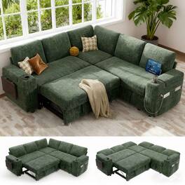 Vipbear - 85" Modular Sectional Sleeper Sofa with Pull Out Bed, 5 Seat L Shaped with Reclining Backrest,Chenille Green - Green