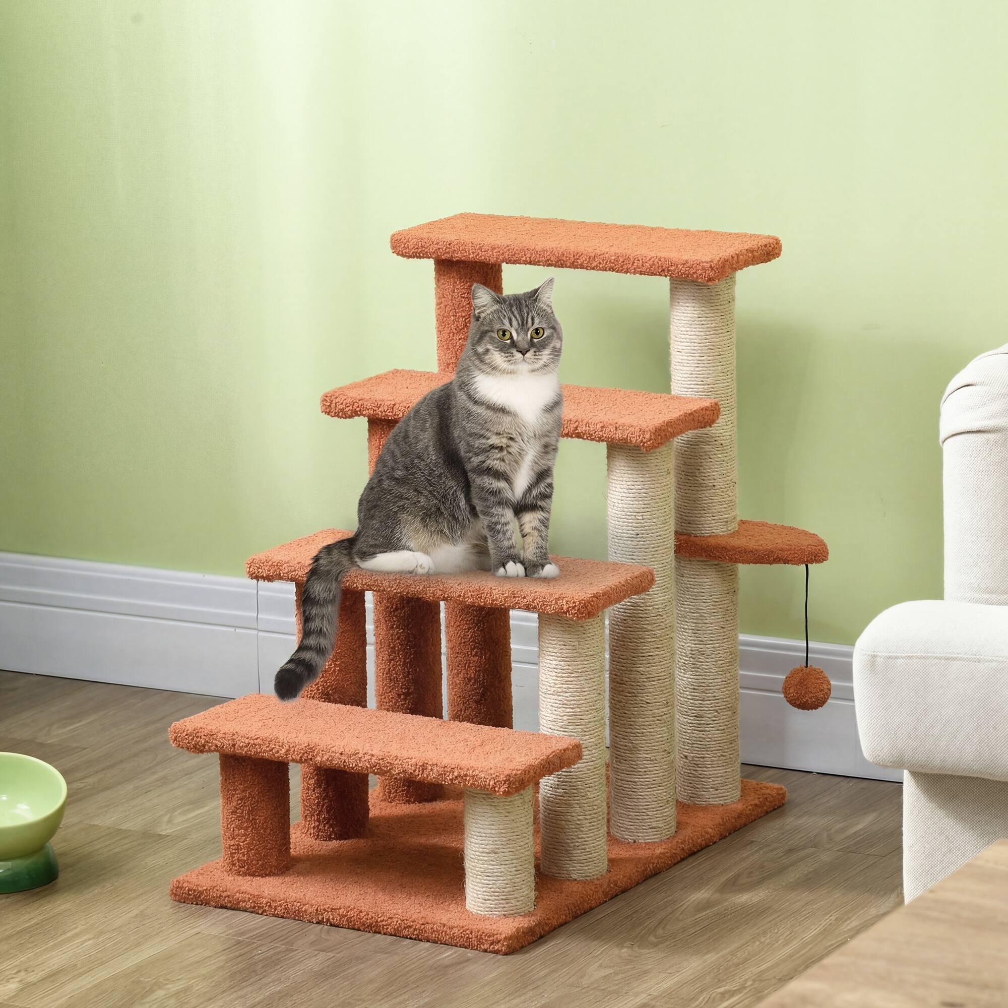Alt View 1. Pawhut - Levels Cat Steps with Scratching Posts for High Bed - Brown.
