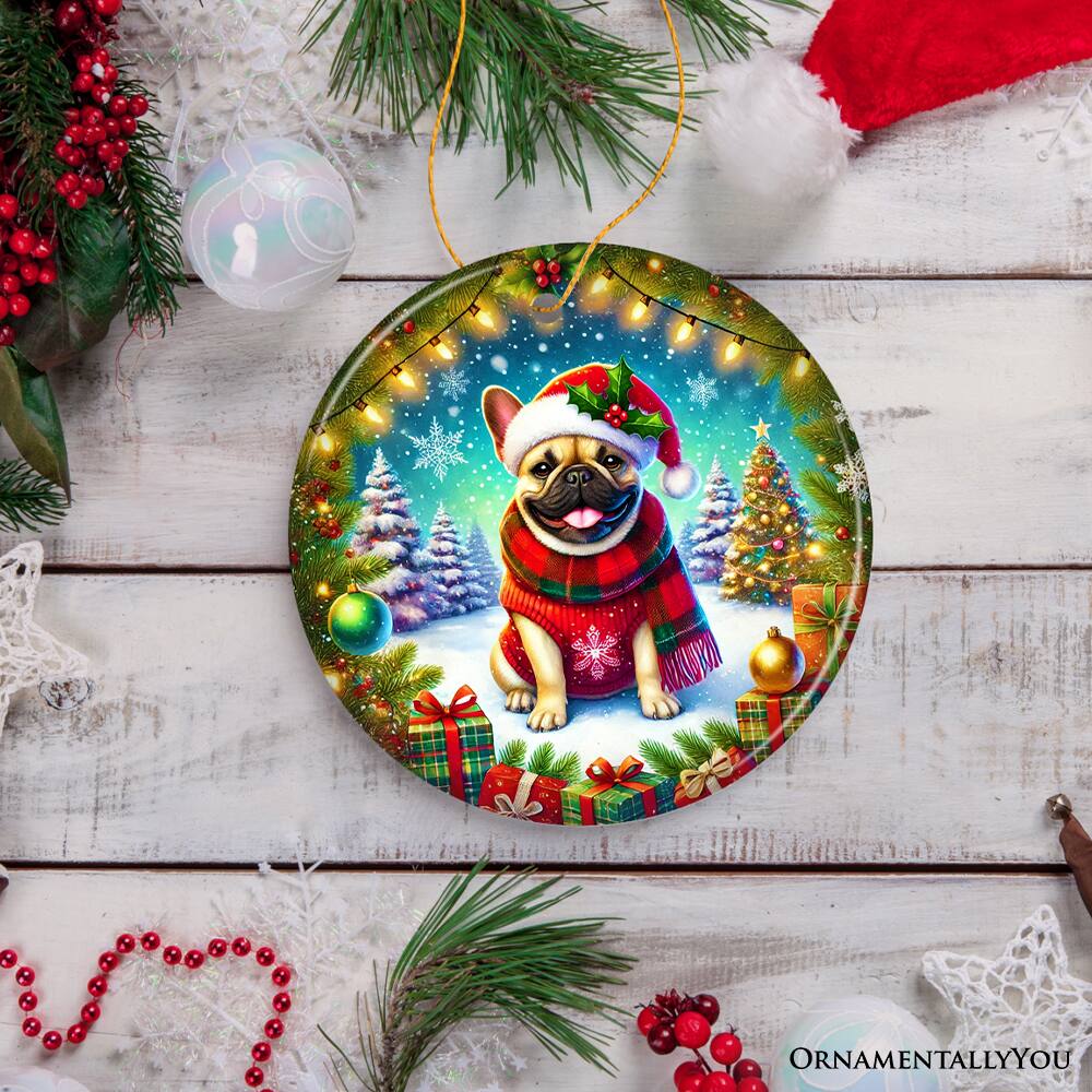 Back. OrnamentallyYou - Frosty French Bulldog Ornament Charming Pup Decoration for Magical Christmas Circle - Multi-colored.