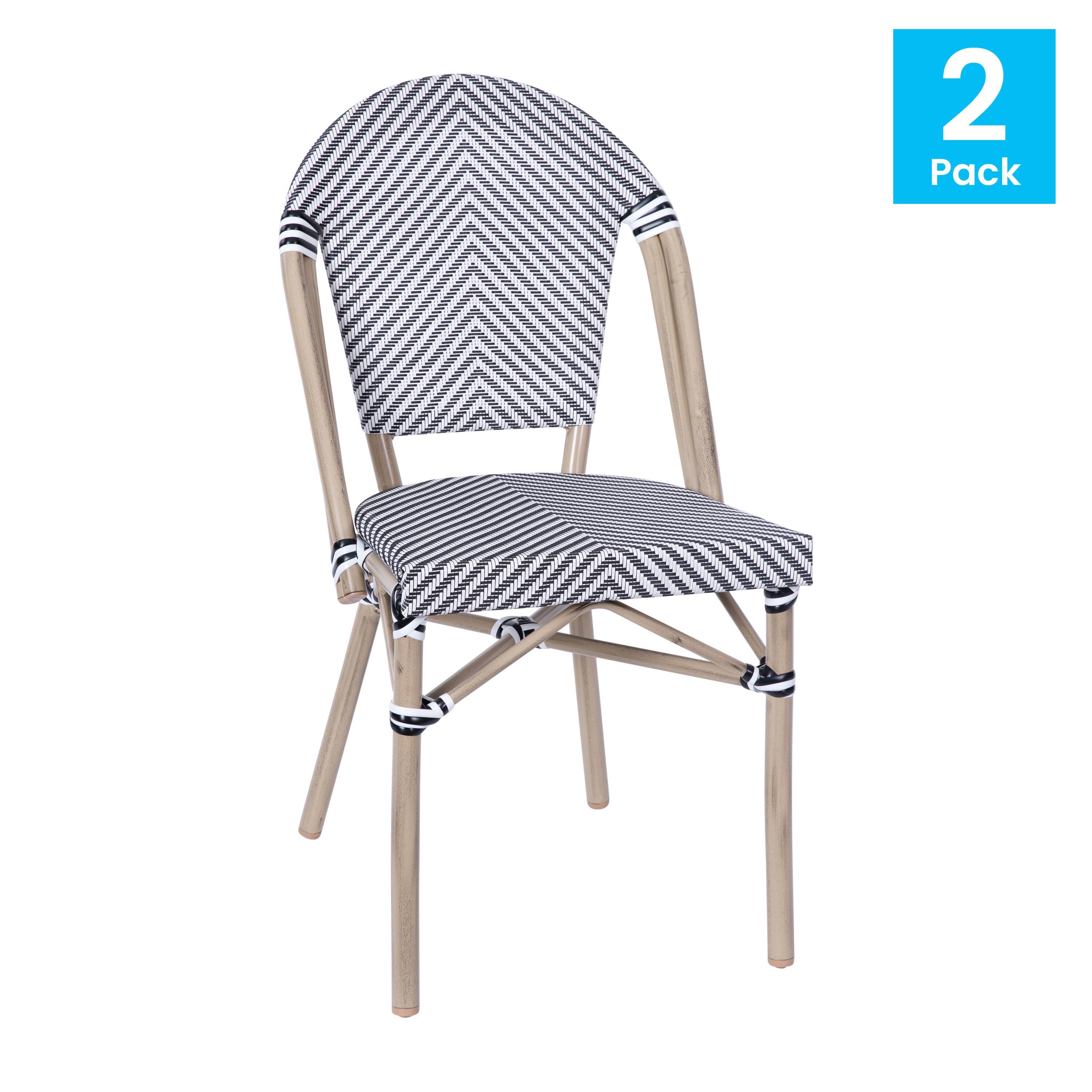 Alt View 1. Emma + Oliver - Massalia Indoor/Outdoor Stacking Bistro Style Chairs with Textilene Seat and Aluminum Frame - Black & White/Light Natural Frame.