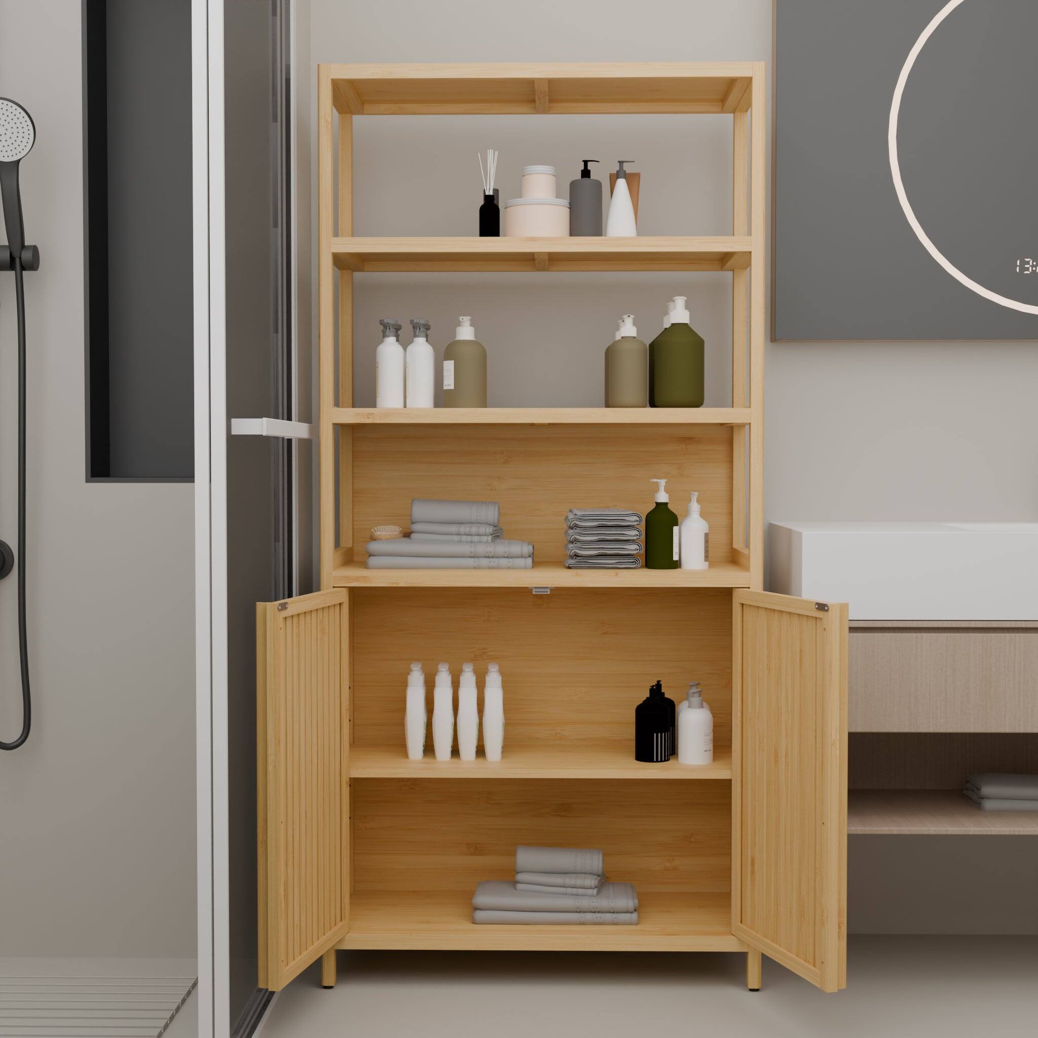 Alt View 3. Boyel Living - Sixty Four Inch Tall Bamboo Storage Cabinet with Double Doors Drawers and Adjustable Shelves - Natural.