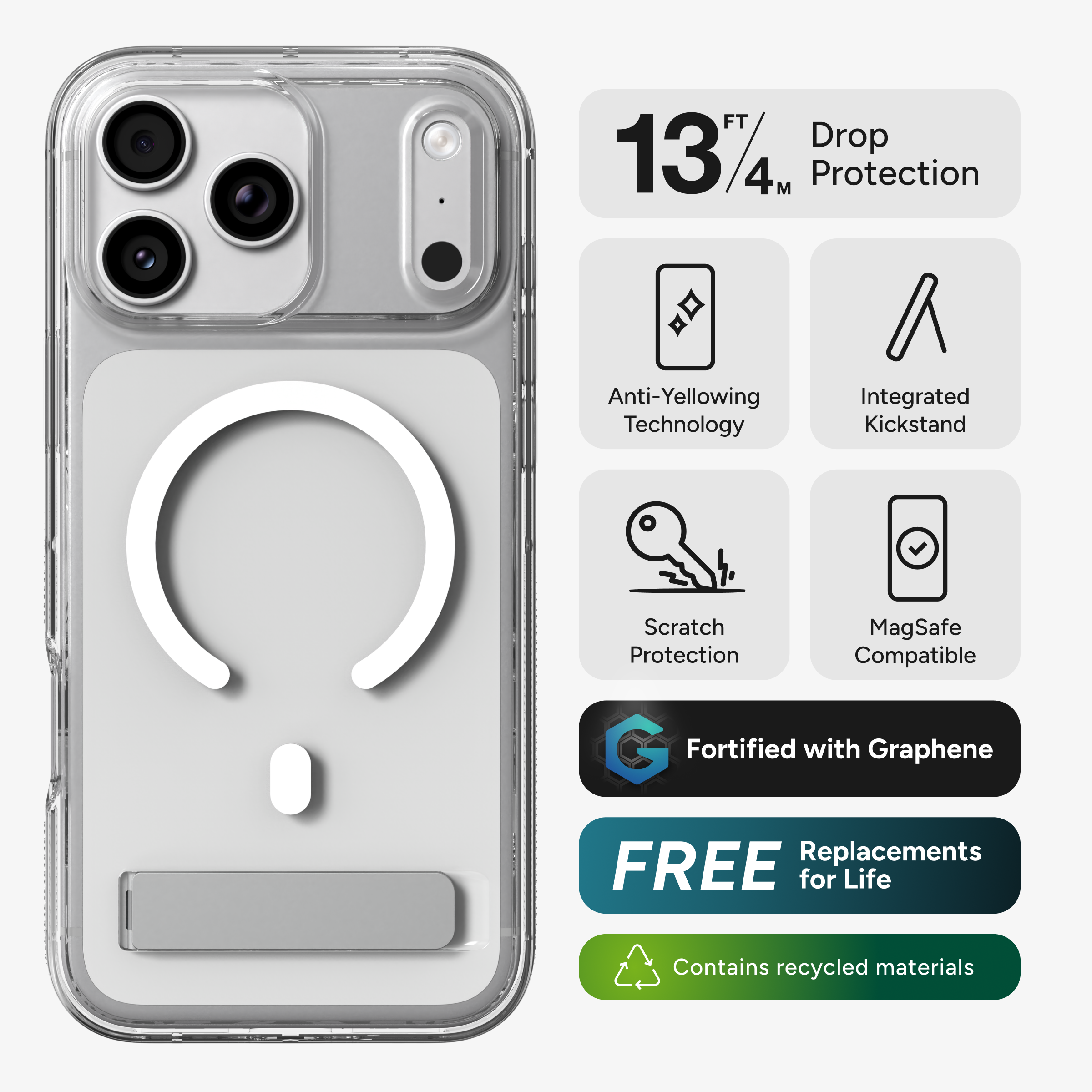 13 FT / 4 M Drop Protection  
Anti-Yellowing Technology  
Integrated Kickstand  
Scratch Protection  
MagSafe Compatible  
Fortified with Graphene  
FREE Replacements for Life  
Contains recycled materials