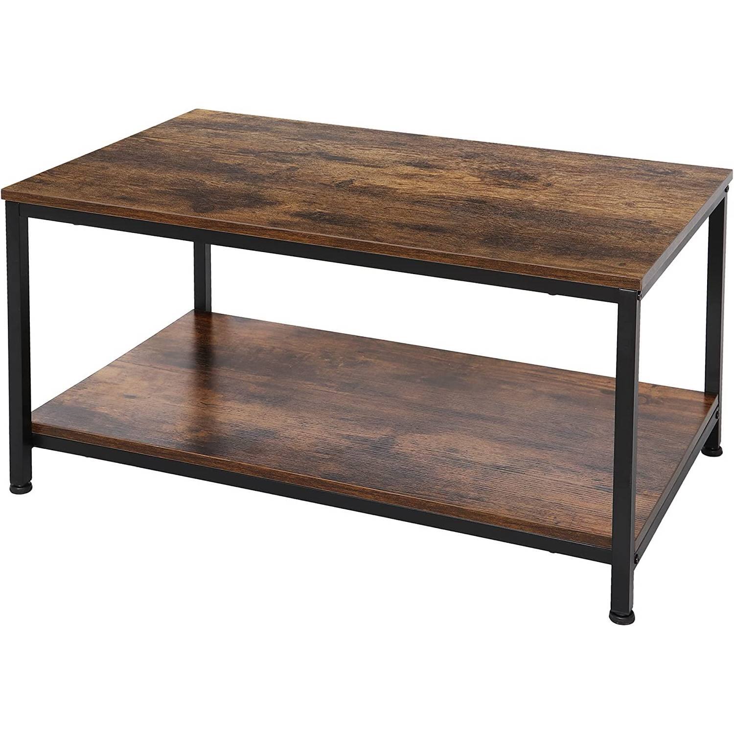 Angle. Hivvago - Heavy Duty Industrial 2-Tier Coffee Table in Rustic Brown Wood Finish - Rustic Brown.
