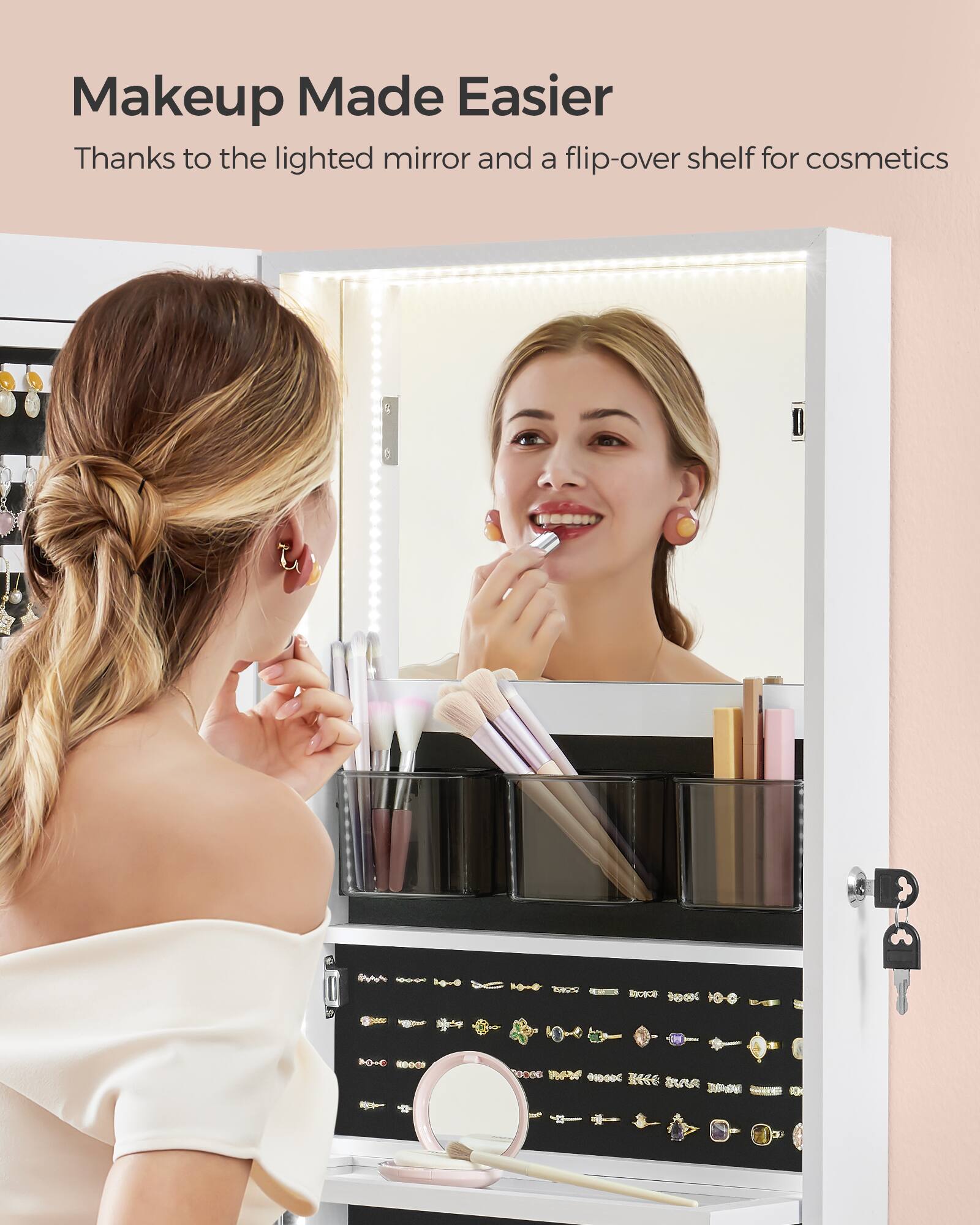 Makeup Made Easier  
Thanks to the lighted mirror and a flip-over shelf for cosmetics