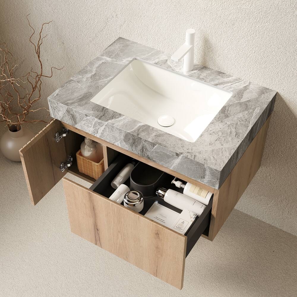 Angle. Loheer - Loheer 30 inch floating bathroom vanity White Oak Woodgrain - Light Gray, White Oak.