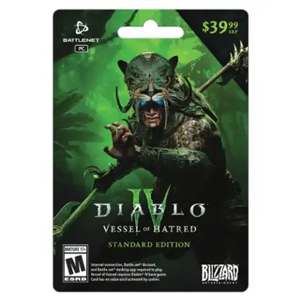 The image features a video game called Diablo IV: Vessel of Hated. It is a standard edition game that is rated Mature 17+. The game is available for purchase for $39.99, and it requires an internet connection, a Battle.net account, and the Battle.net desktop app to play. The game is developed by Blizzard Entertainment.