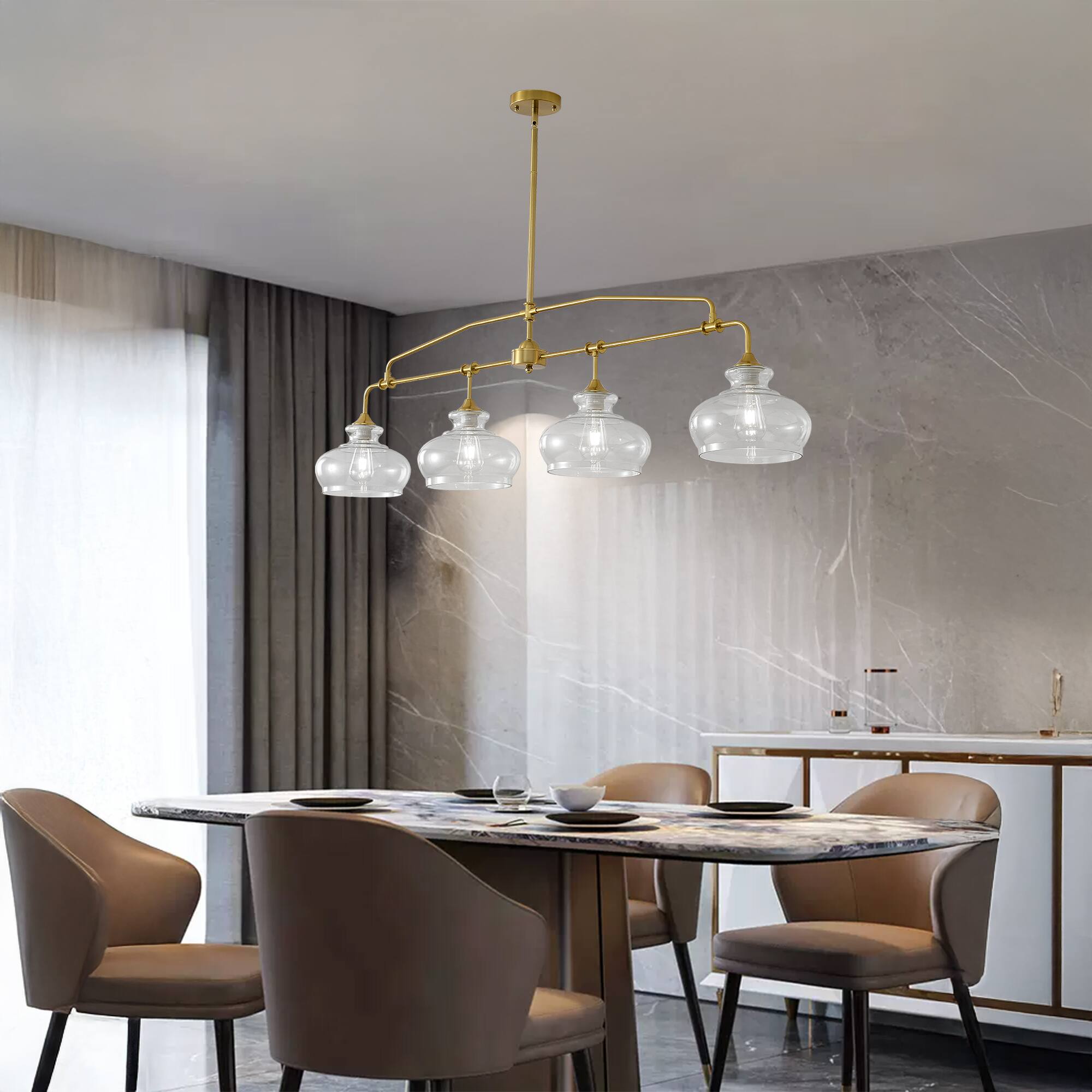 Left. RYHNUYNE - 4-Light Adjustable Brass Kitchen Island Pendant Light with Clear Glass Shades Farmhouse Chandelier for Dining Table - Brass.