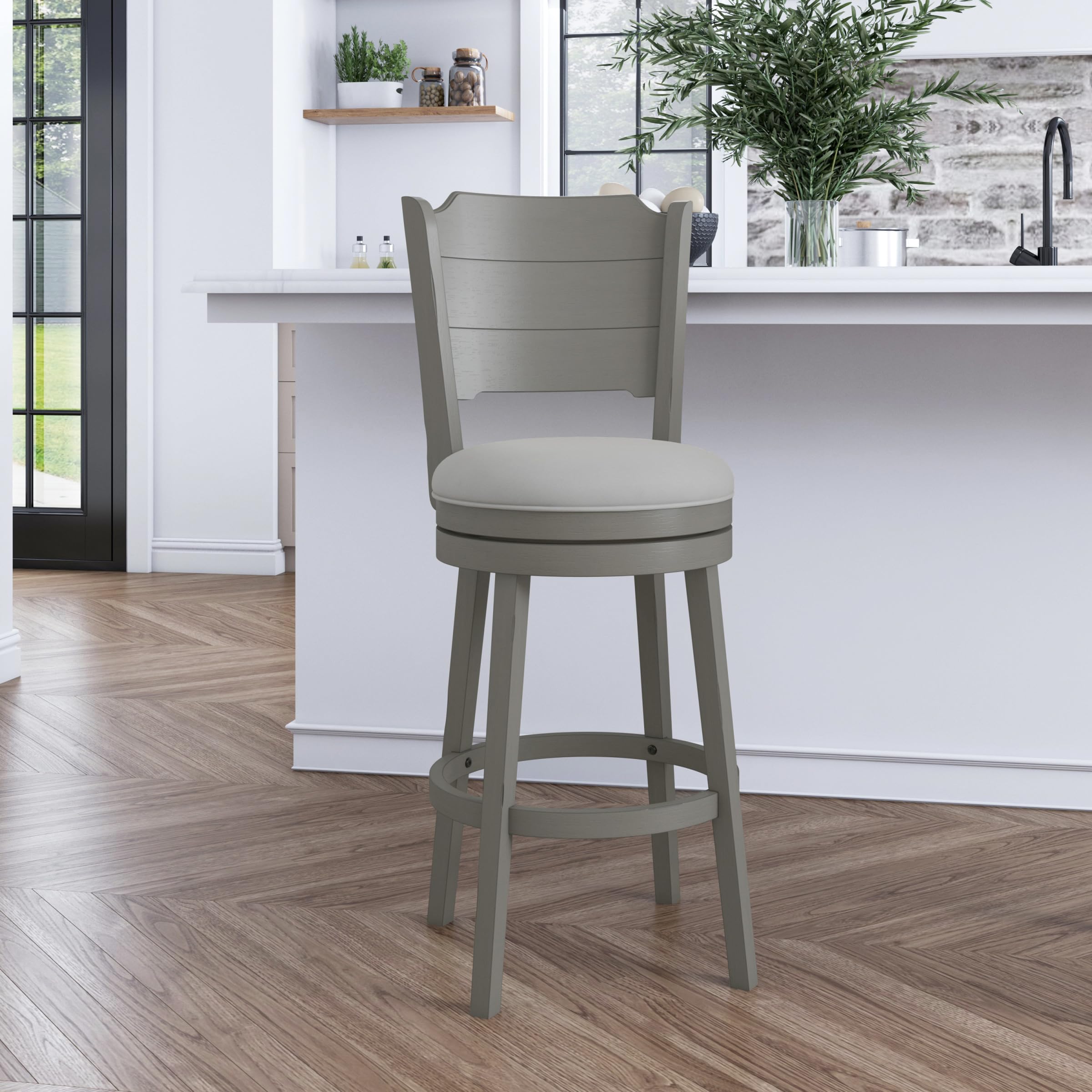 Left. JETRANSPORT - Clarion Wood Swivel Bar Height Stool Distressed Gray 100% PolyesterTransitional bar-height stool with - Distressed Gray Bar Height.