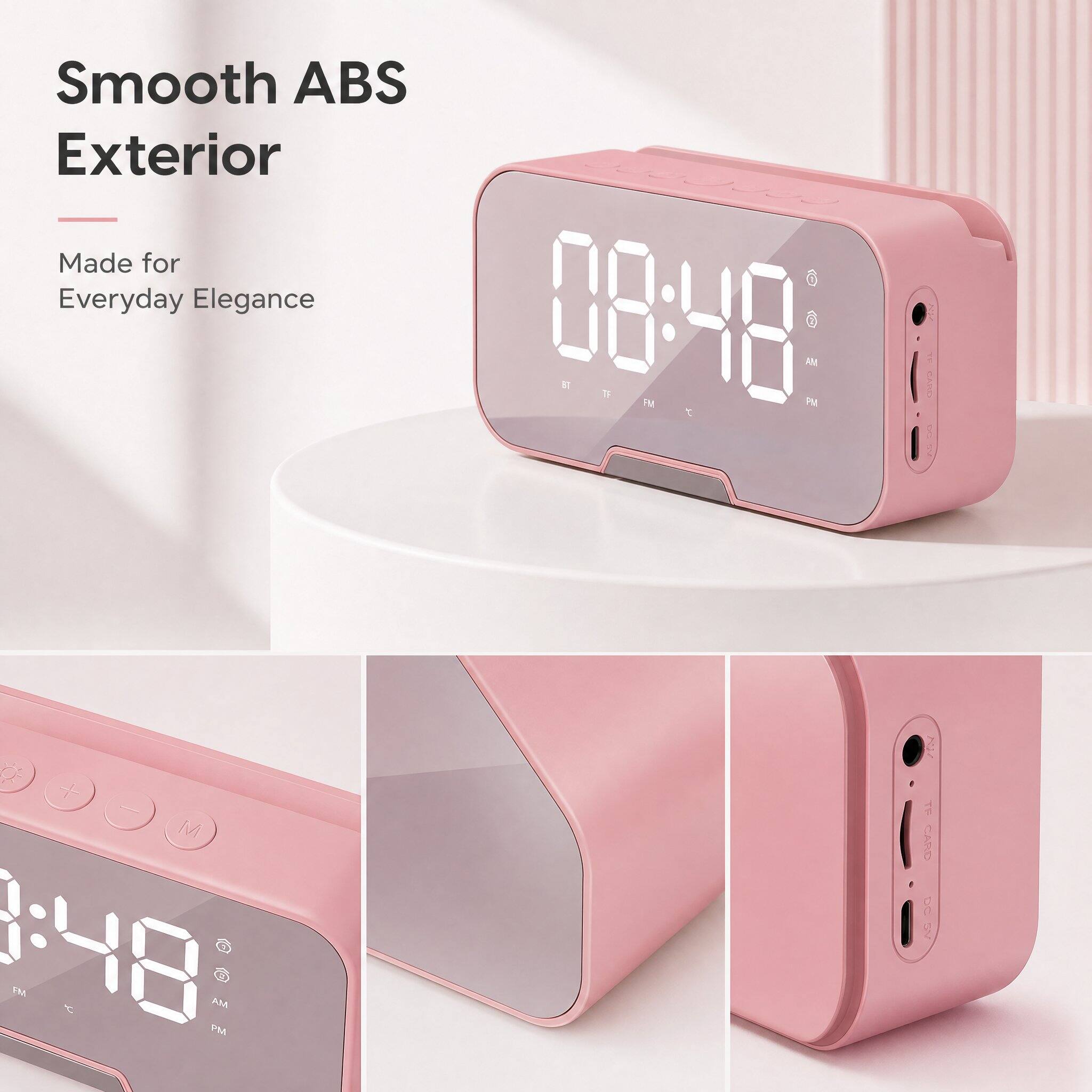 Smooth ABS Exterior  
Made for Everyday Elegance  

08:48  
AM PM  

+ - M 48 FM C PM AM  

TF CARD DE GV