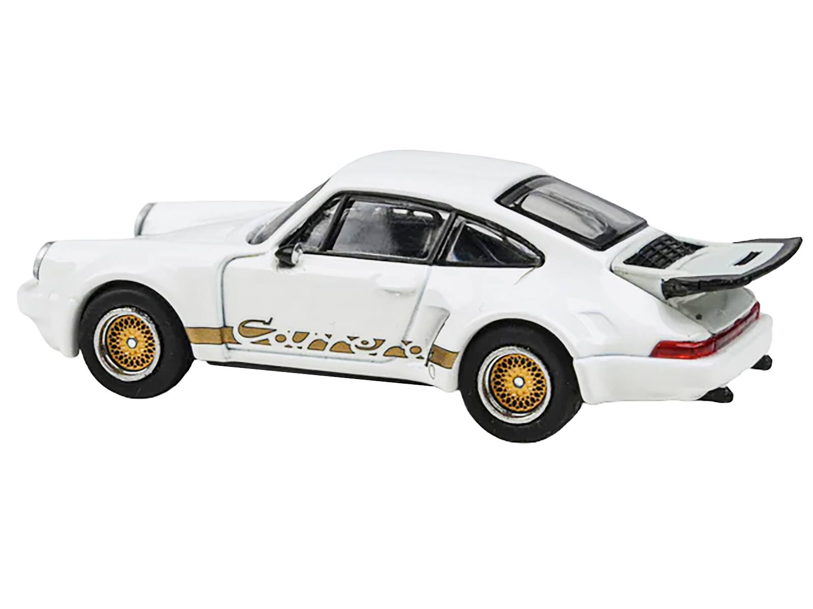 Angle. Paragon - Porsche 911 Carrera RSR 3.0 Grand Prix White with Gold Stripes and Wheels 1/64 Diecast Model Car by Paragon Models - White with Gold.