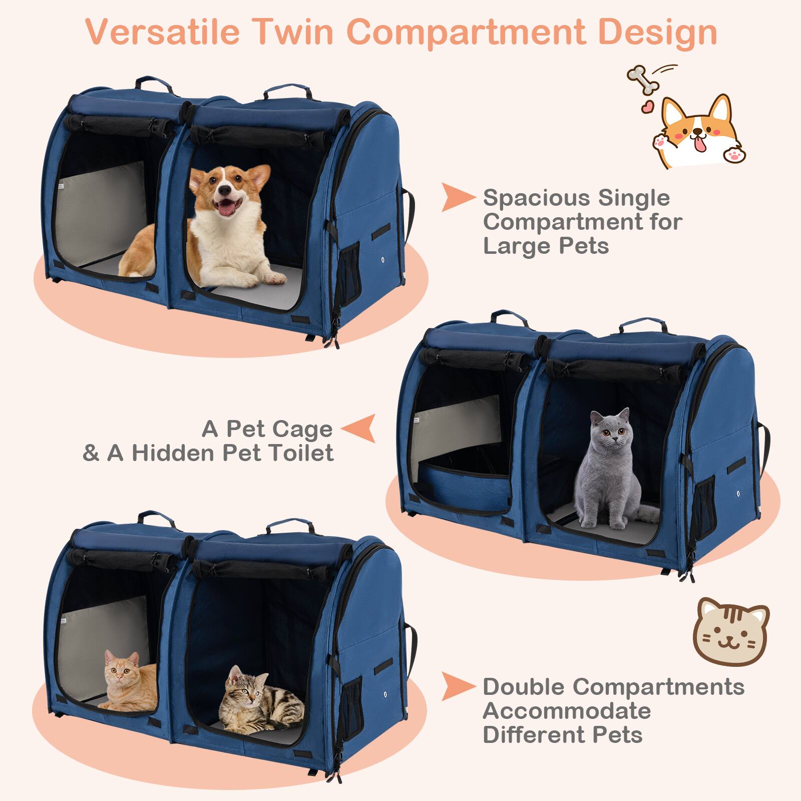 Versatile Twin Compartment Design: Spacious Single Compartment for Large Pets, A Pet Cage & A Hidden Pet Toilet, Double Compartments Accommodate Different Pets.