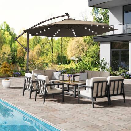 Front. Mondawe - 10ft Offset Patio Cantilever Umbrella with Easy Tilt,Crank 360°Rotate,Solar LED Lighted - Tan.