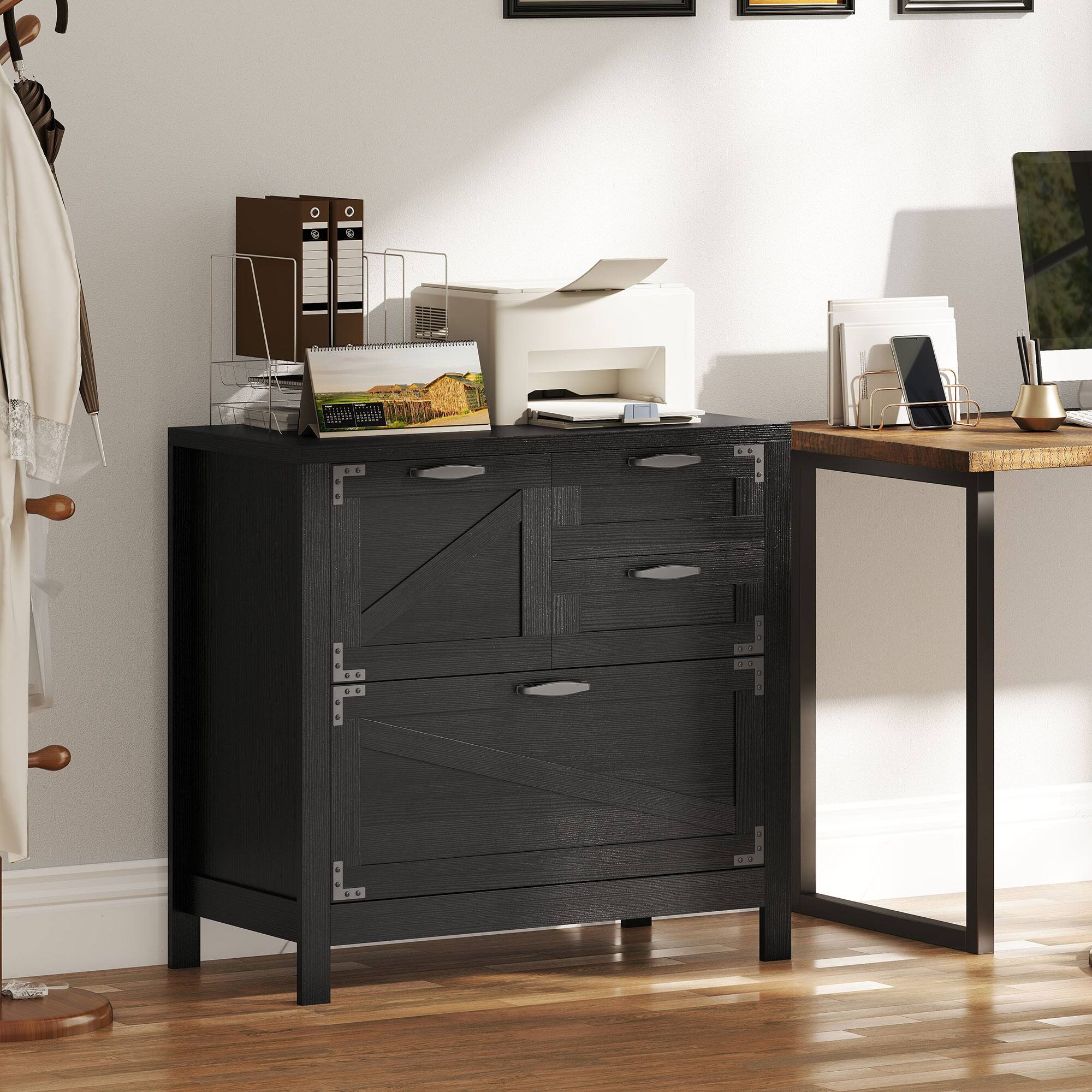 Alt View 7. Homcom - Filing Cabinet, Farmhouse File Cabinet with 4 Drawers - Black.