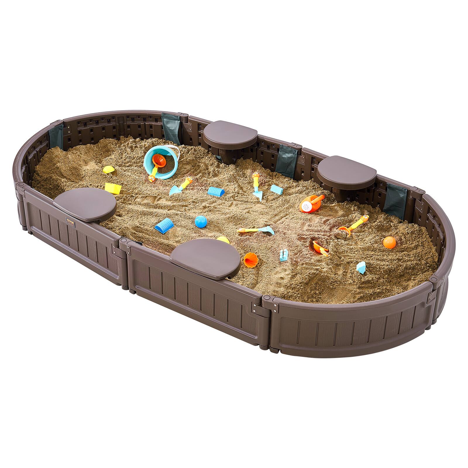 Alt View 5. VEVOR - Sandbox with Cover, 72 x 41.5 x 9.1 in Oval Sand Box, HDPE Sand Pit with 4 Corner Seating and Bottom Liner, Kids Sandbox - Brown.