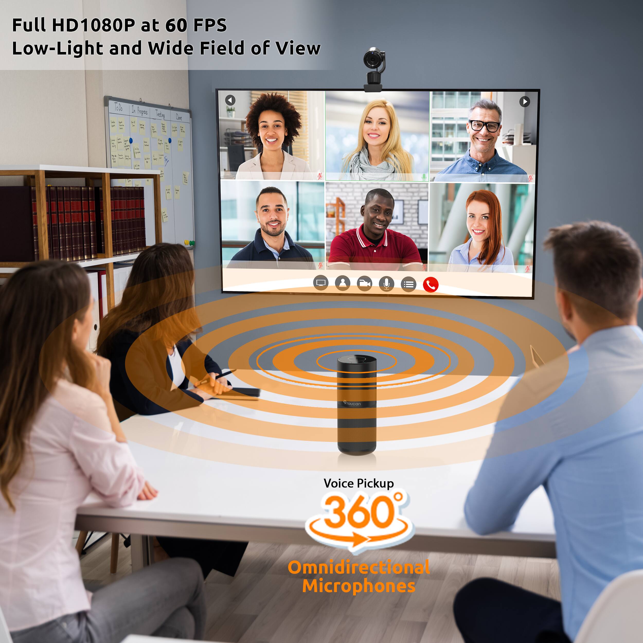 Full HD1080P at 60 FPS, Low-Light and Wide Field of View, Voice Pickup 360, Omnidirectional Microphones