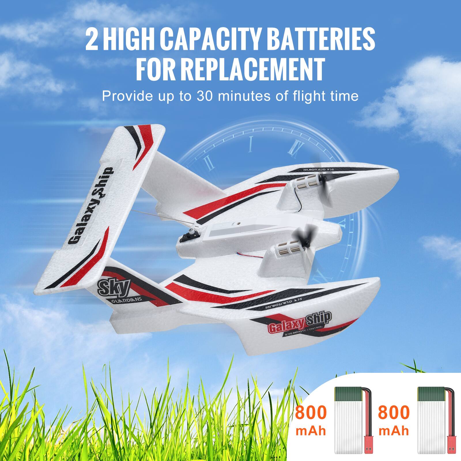 2 HIGH CAPACITY BATTERIES FOR REPLACEMENT  
Provide up to 30 minutes of flight time  

GalaxyShip  
Sky GUARDIANS II  

800 mAh  
800 mAh