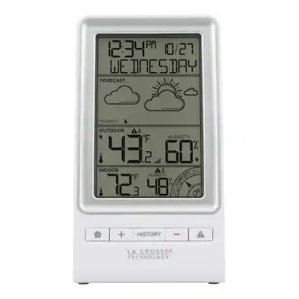 PM 12:34PM 10/27 WEDNESDAY FORECAST TENDENCY OUTDOOR 43°F HUMIDITY 60% INDOOR 72°F WET HUMIDITY 48% COMFORT 72% E. LA CROSSE TECHNOLOGY