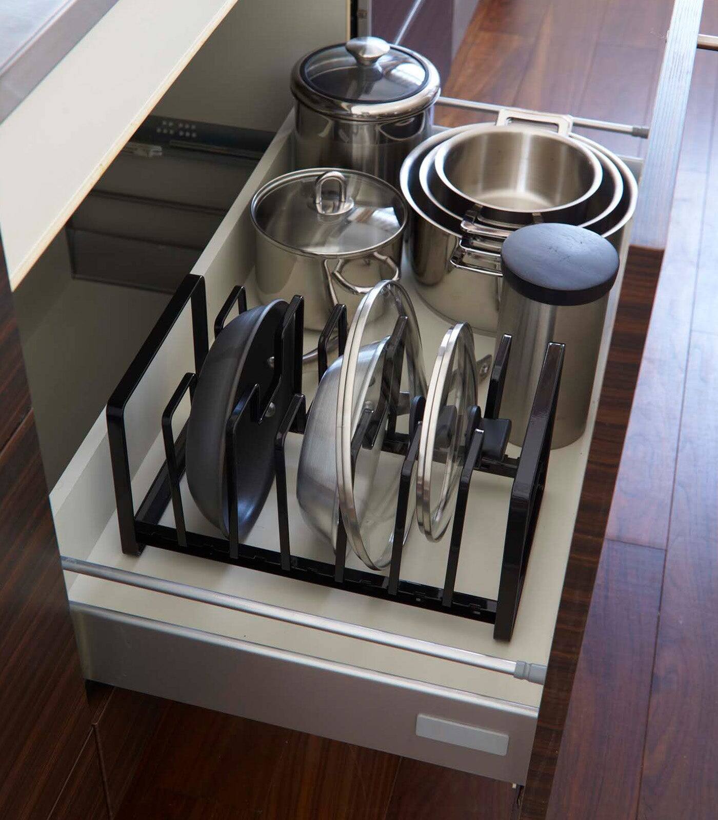 Alt View 4. Yamazaki Home - Adjustable Pot Lid and Frying Pan Organizer - Steel - White.