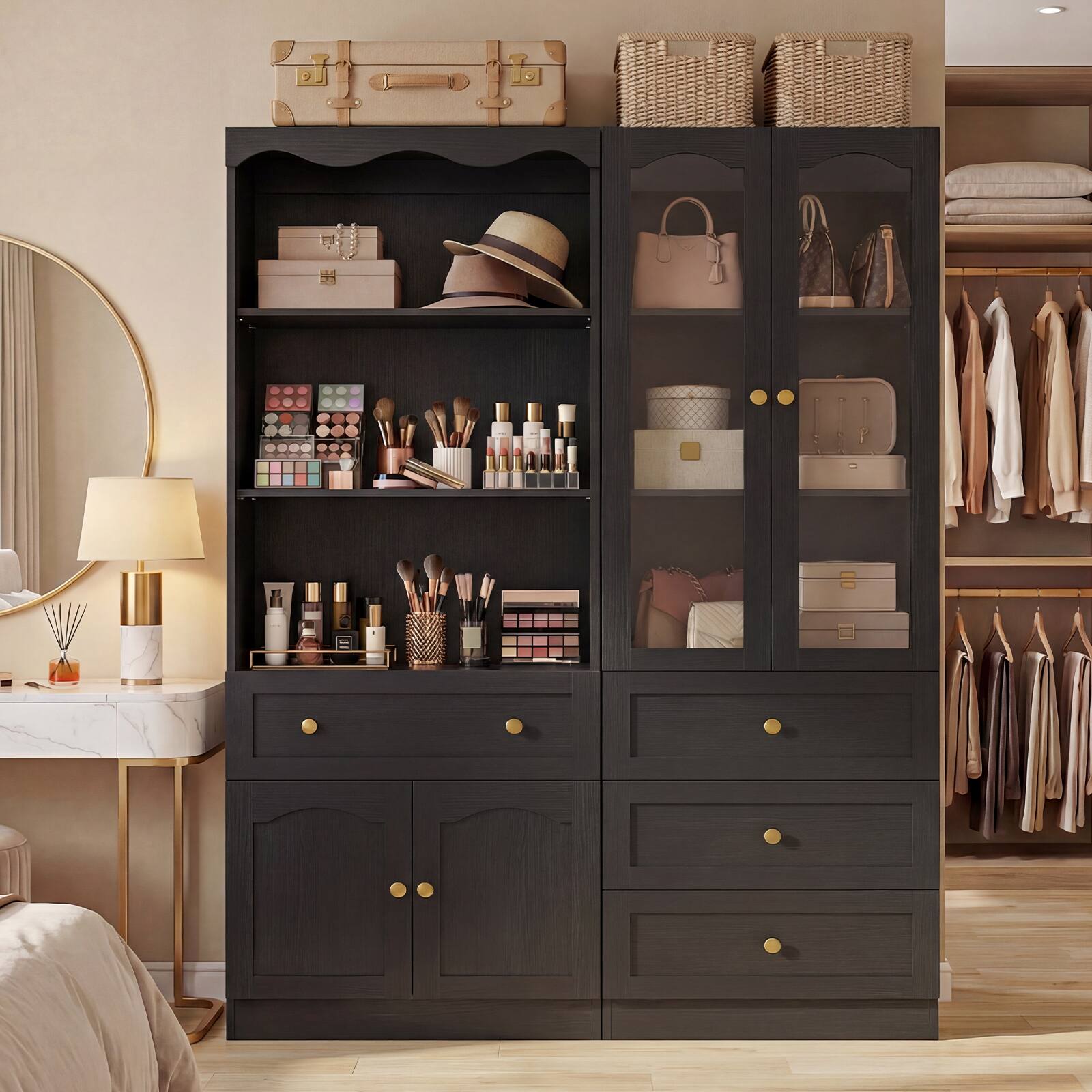 Alt View 2. Aheaplus - 80'' Tall Bookcase Set of 2 with 4 Drawers and Glass Doors, 51.1'' Width Bookshelf with Adjustable Shelves - Black.