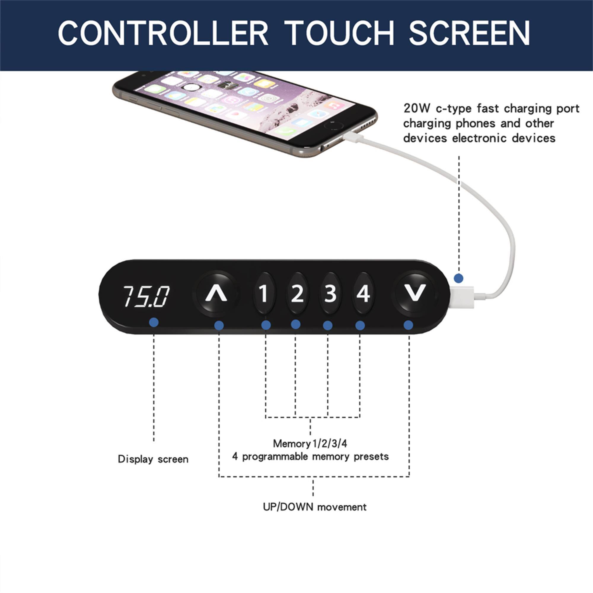 CONTROLLER TOUCH SCREEN

20W c-type fast charging port charging phones and other devices electronic devices

15.0

1
2
3
4

V

Display screen

Memory 1/2/3/4 4 programmable memory presets

UP/DOWN movement