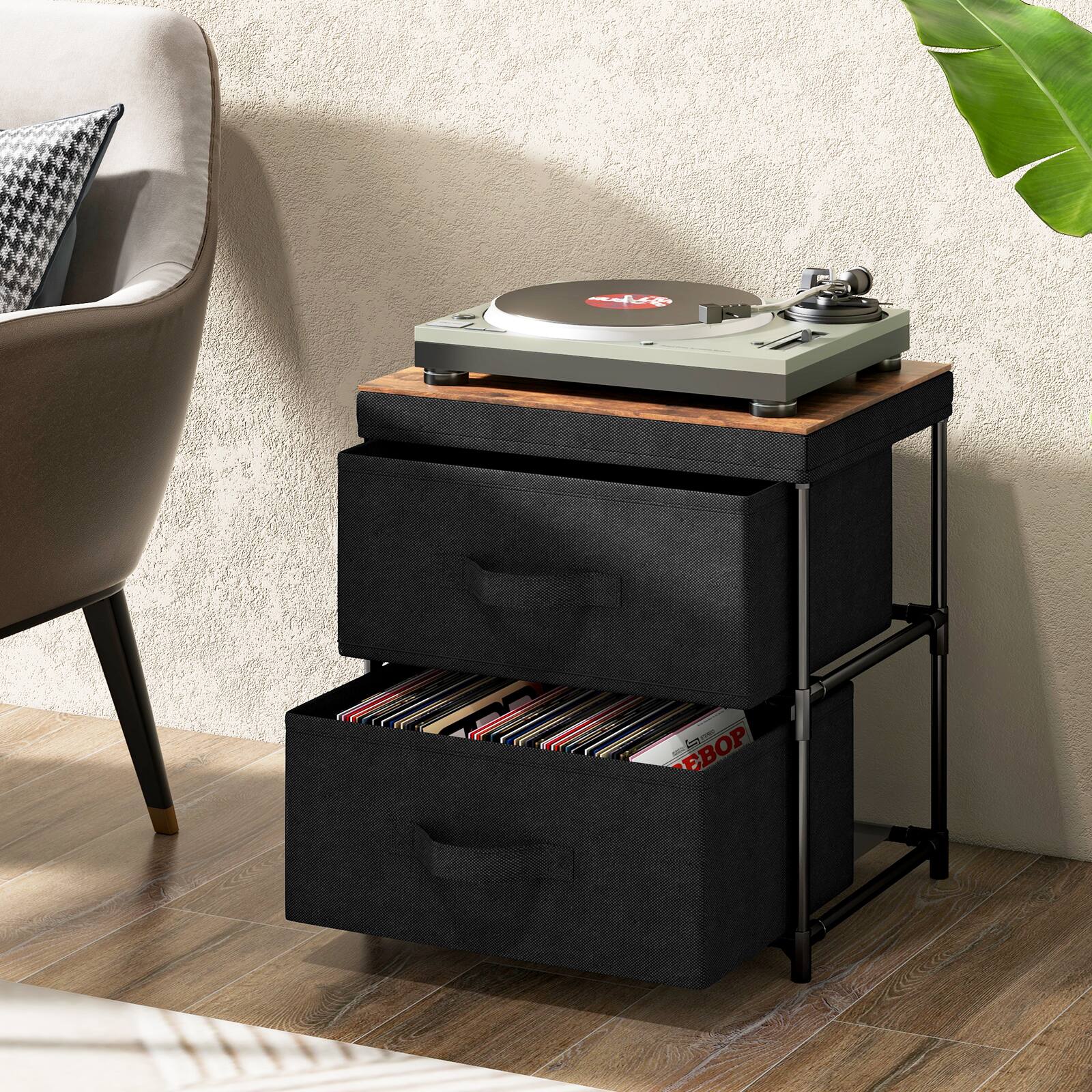 Alt View 13. Costway - 2 Drawer Dresser Fabric Storage Organizer Nightstand Bedside Sofa Table - Black/Rustic Brown.