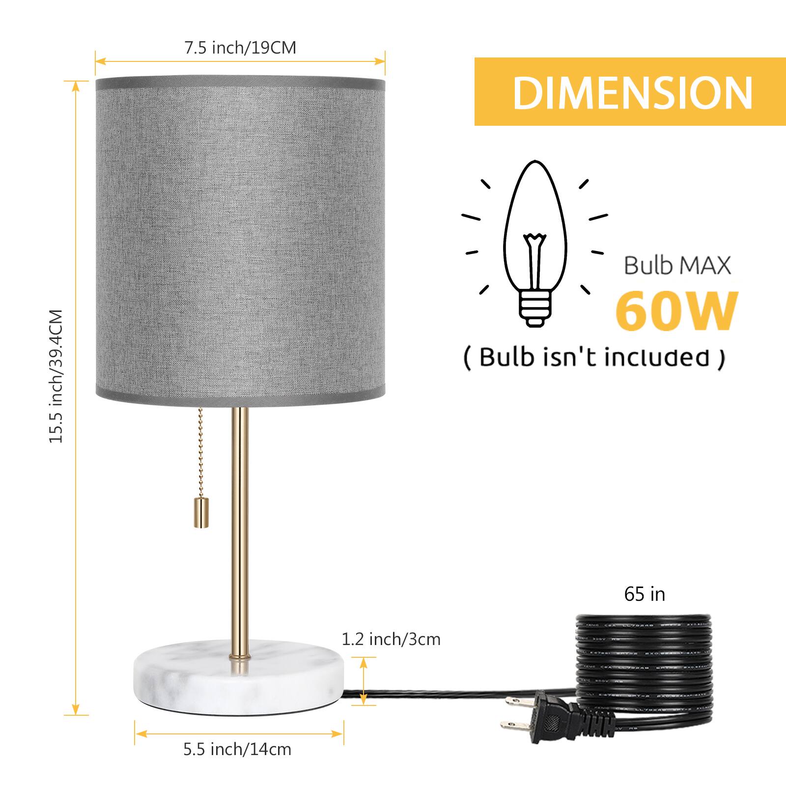 7.5 inch/19CM  
15.5 inch/39.4CM  
1.2 inch/3cm  
5.5 inch/14cm  
65 in  

DIMENSION  
Bulb MAX 60W (Bulb isn't included)