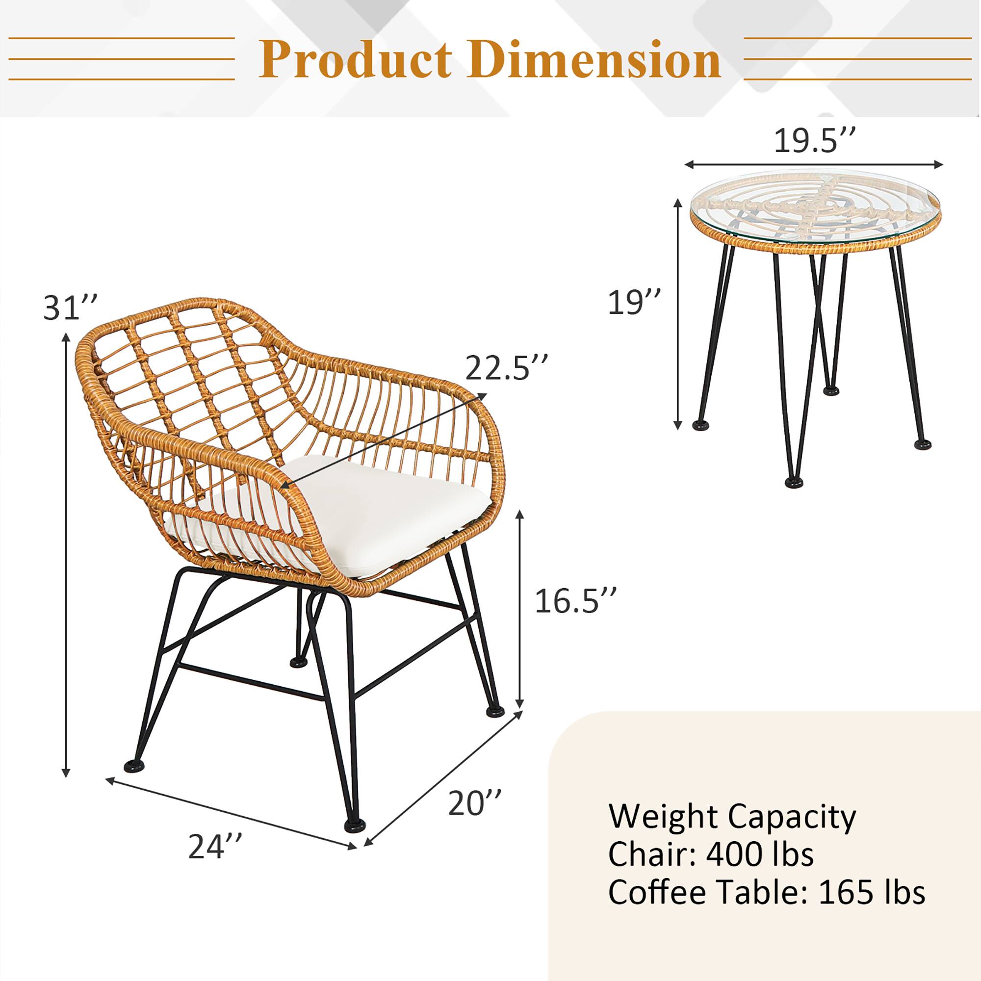 Product Dimension: 19.5", 31", 19", 22.5", 16.5", 24", 20"

Weight Capacity: Chair: 400 lbs, Coffee Table: 165 lbs